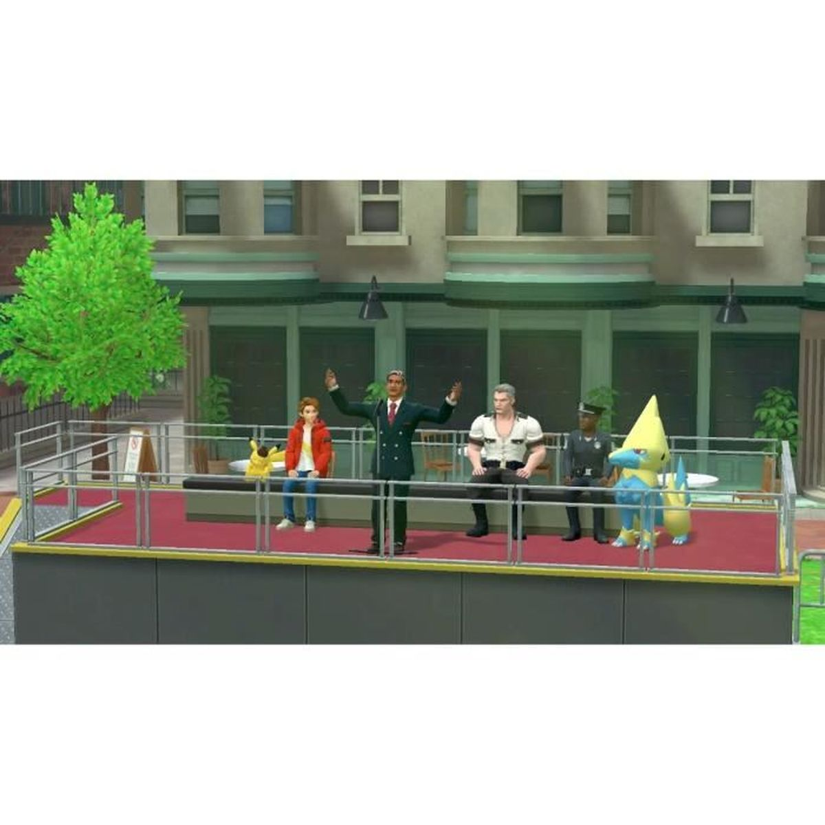 Scena a cartoni animati: Persone su un palco. Edifici sullo sfondo. Albero a sinistra.