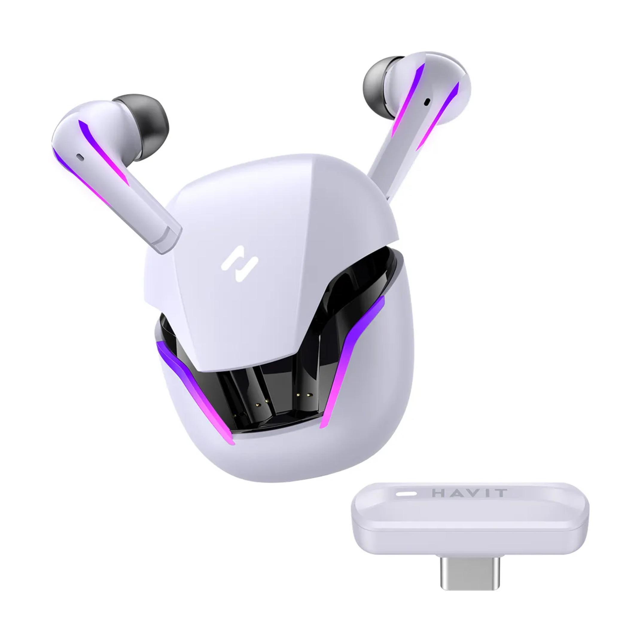 Białe słuchawki w białym etui ładującym z fioletowymi i różowymi akcentami oraz adapterem USB.