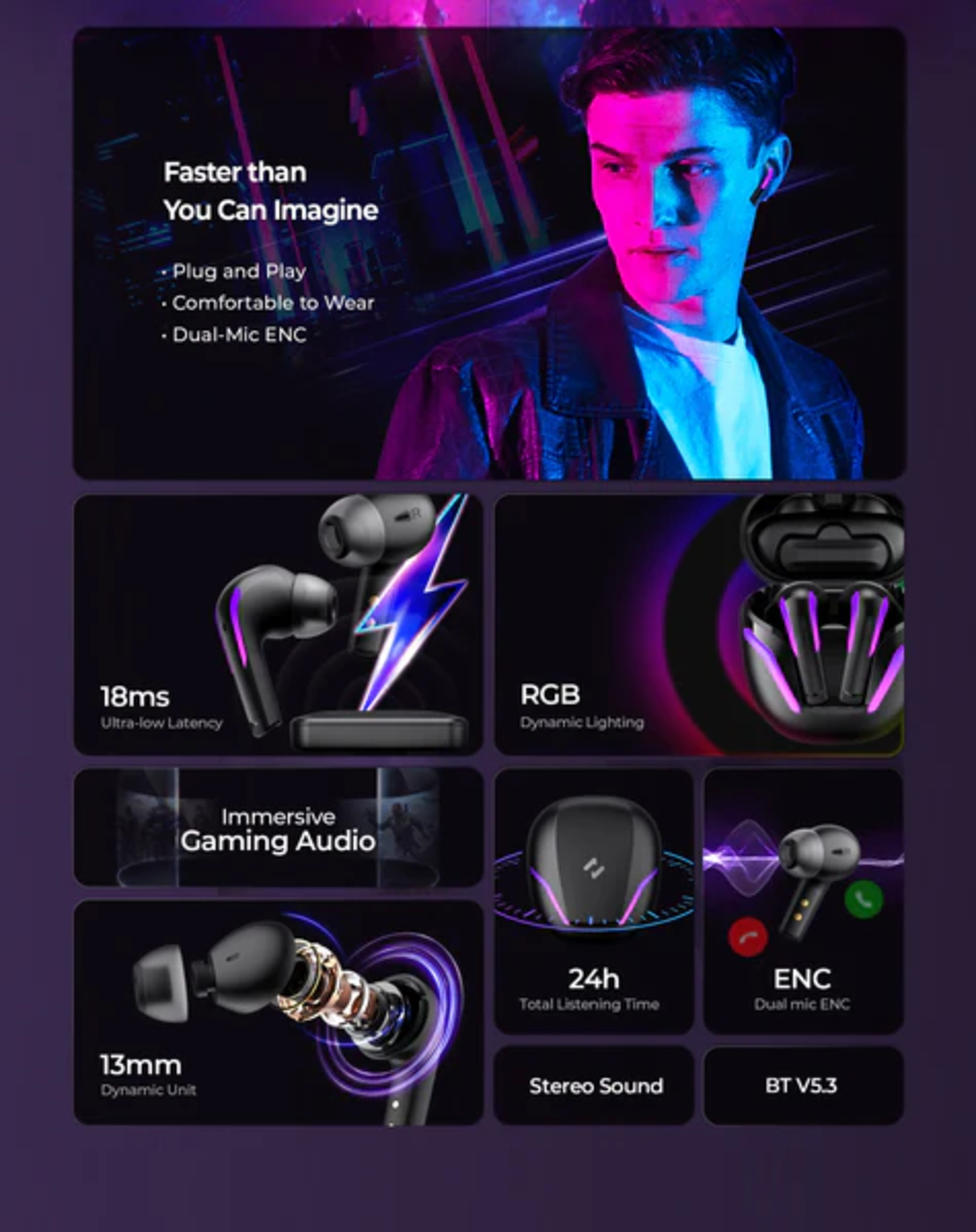 Obraz promocyjny słuchawek gamingowych z mężczyzną w tle. Niskie opóźnienia i RGB.