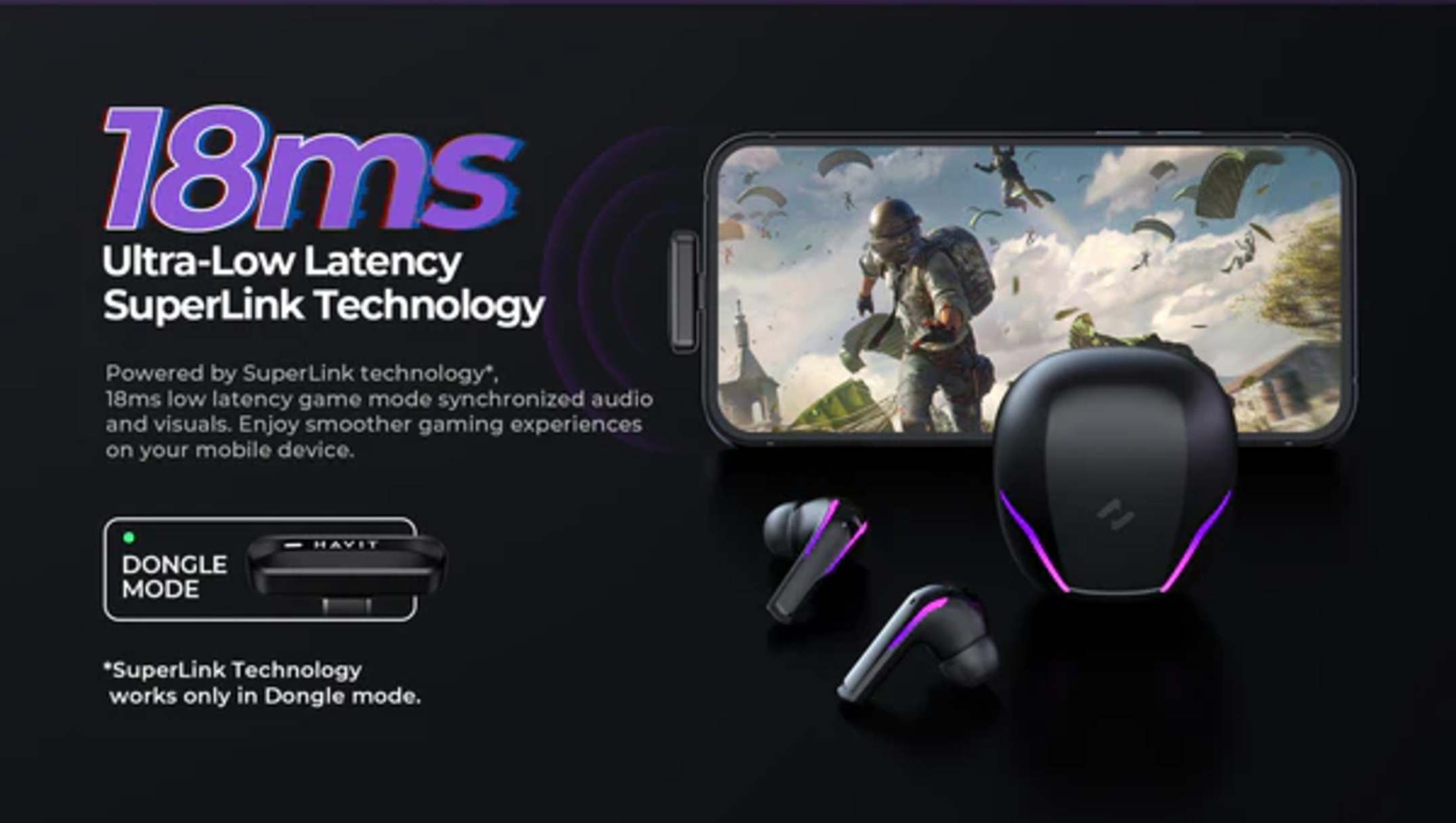 Reklama pokazująca słuchawki i telefon z tekstem '18ms Ultra-Low Latency SuperLink Technology'.