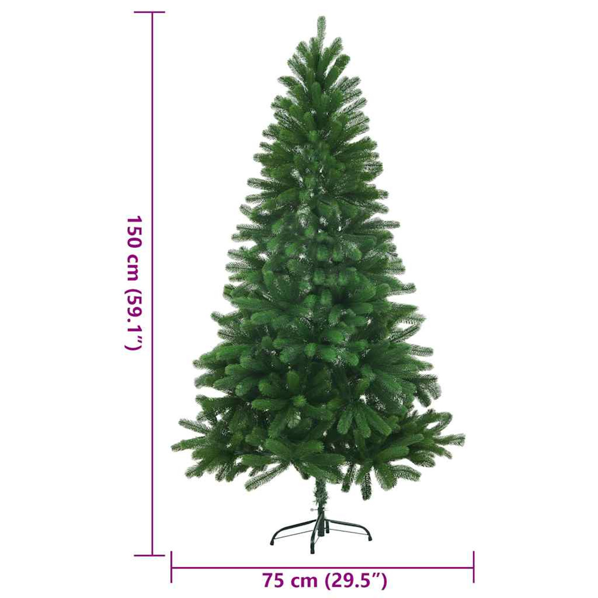 Ein grüner Weihnachtsbaum, 150 cm hoch, 75 cm breit, mit schwarzem Ständer, vor weißem Hintergrund.