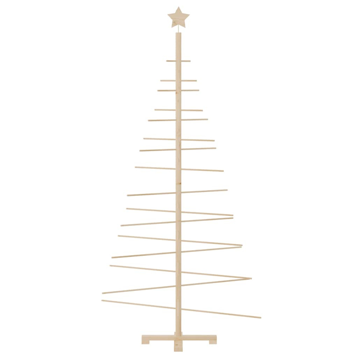 Weihnachtsbaum aus Holz. Er ist hoch, mit horizontalen Ästen und einem Stern oben, weißer Hintergrund.