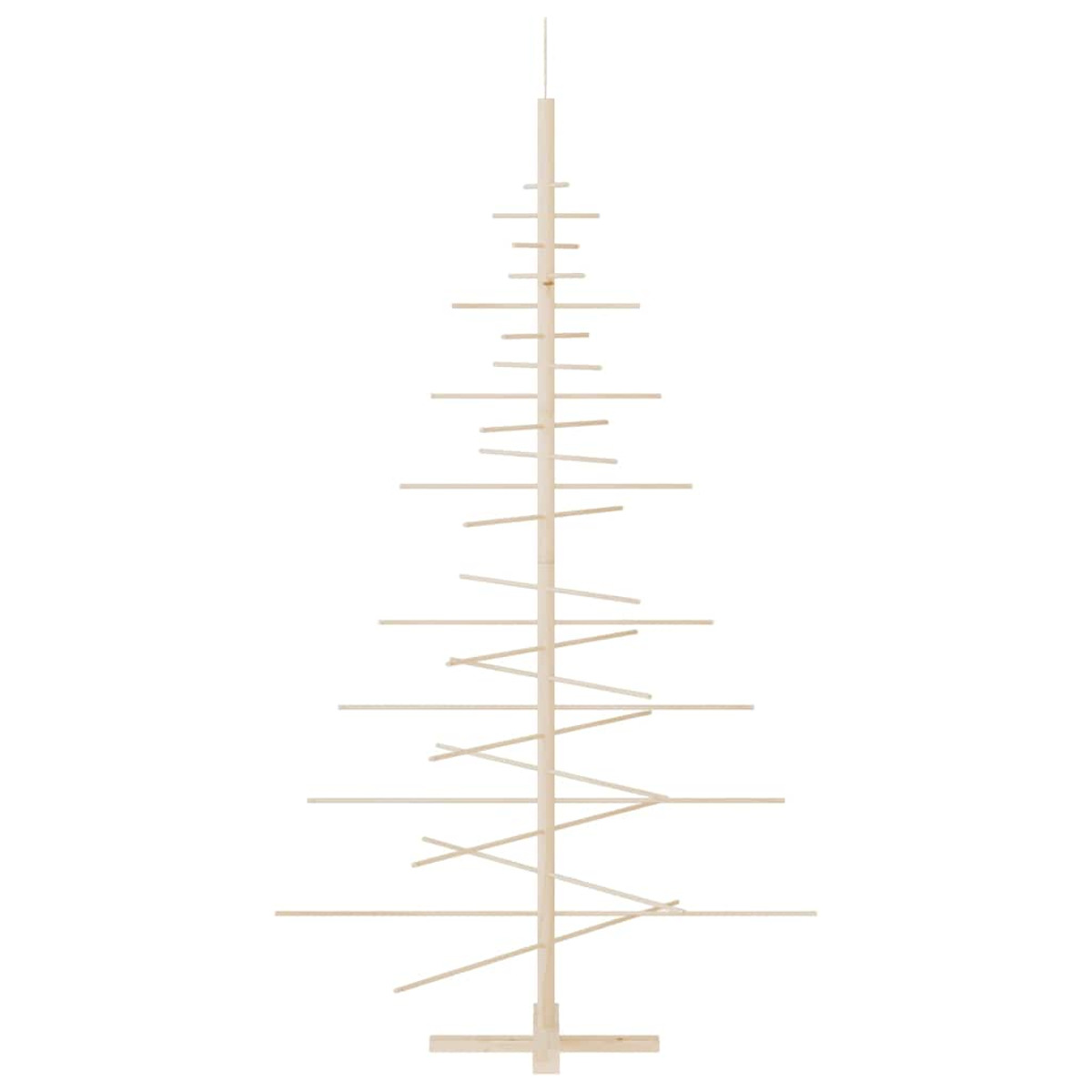 Weihnachtsbaummodell aus Holz. Es hat mehrere horizontale Holzstücke.