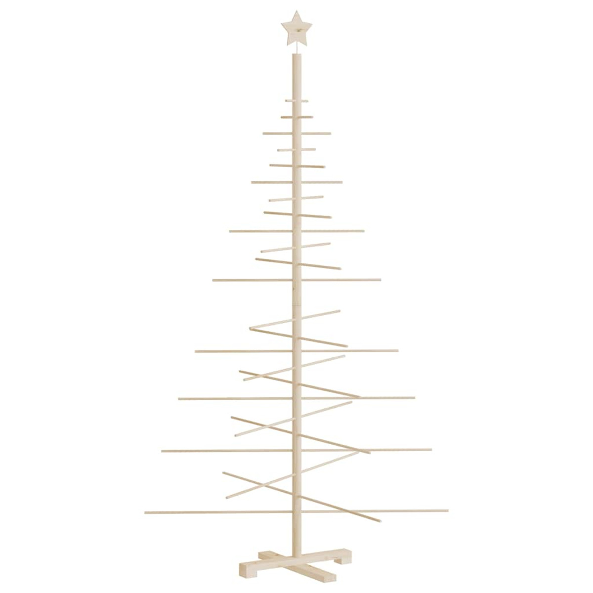 Abstrakter Weihnachtsbaum aus Holz. Er hat horizontale Holzlatten unterschiedlicher Länge an einem Pfahl.