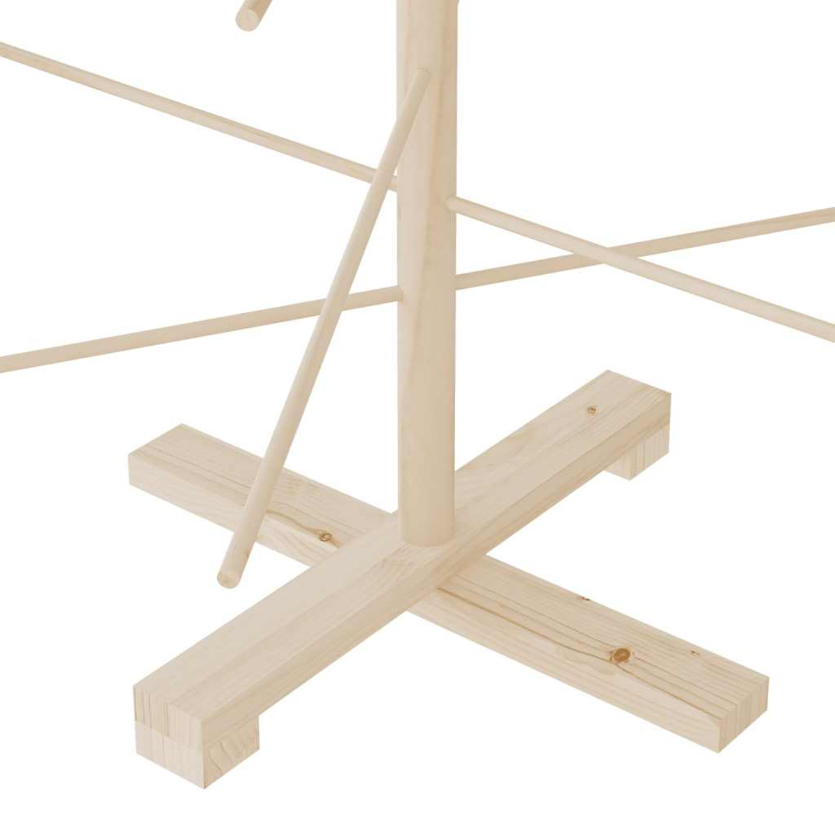 Sockel für Kleiderständer aus Holz mit Kreuzfuß und vertikaler Stütze.