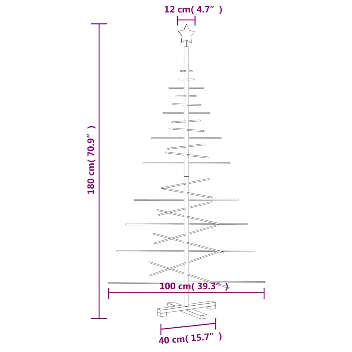 Diagramm eines hölzernen Weihnachtsbaums mit Maßen: Höhe 180 cm, Breite 100 cm.