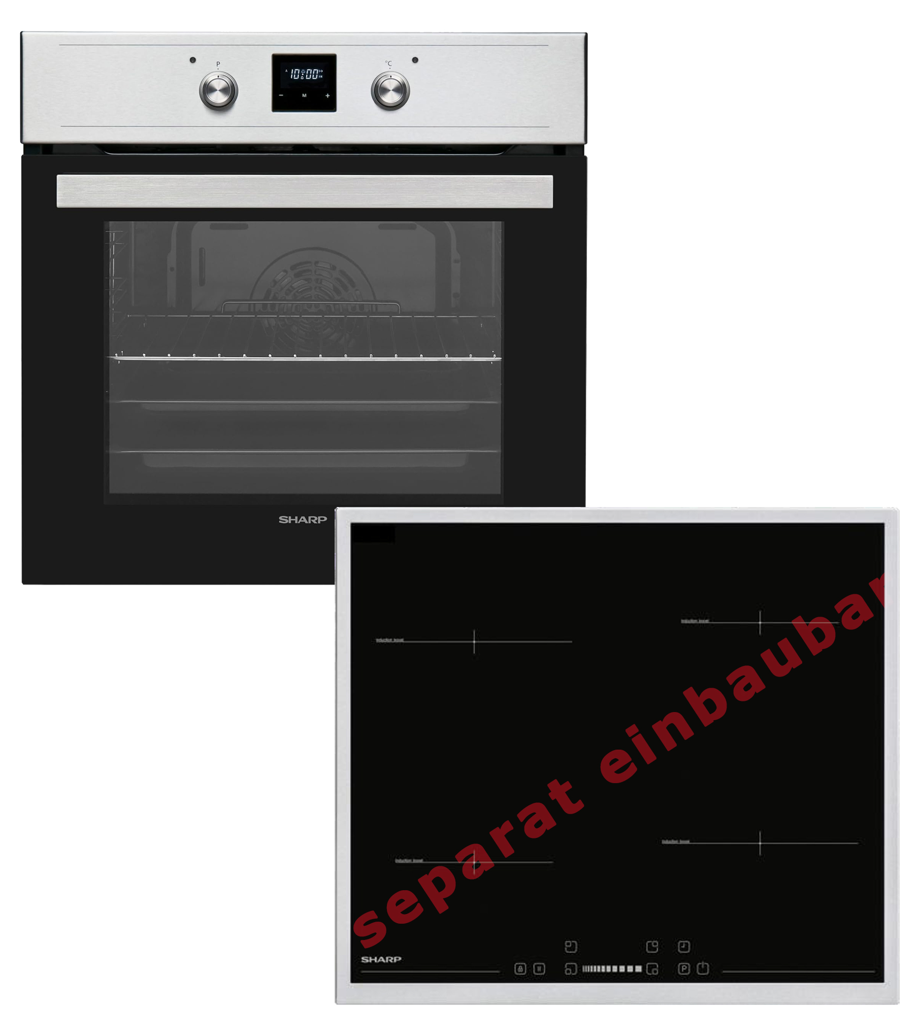 Weißer Backofen und schwarzes Induktionskochfeld-Set. Kochfeld mit rotem Text 'separat einbaubar'.