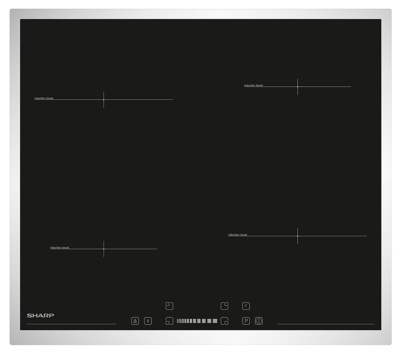 Ein schwarzes Induktionskochfeld mit vier Kochfeldern und Touch-Bedienelementen. Text: Induktionsschub.