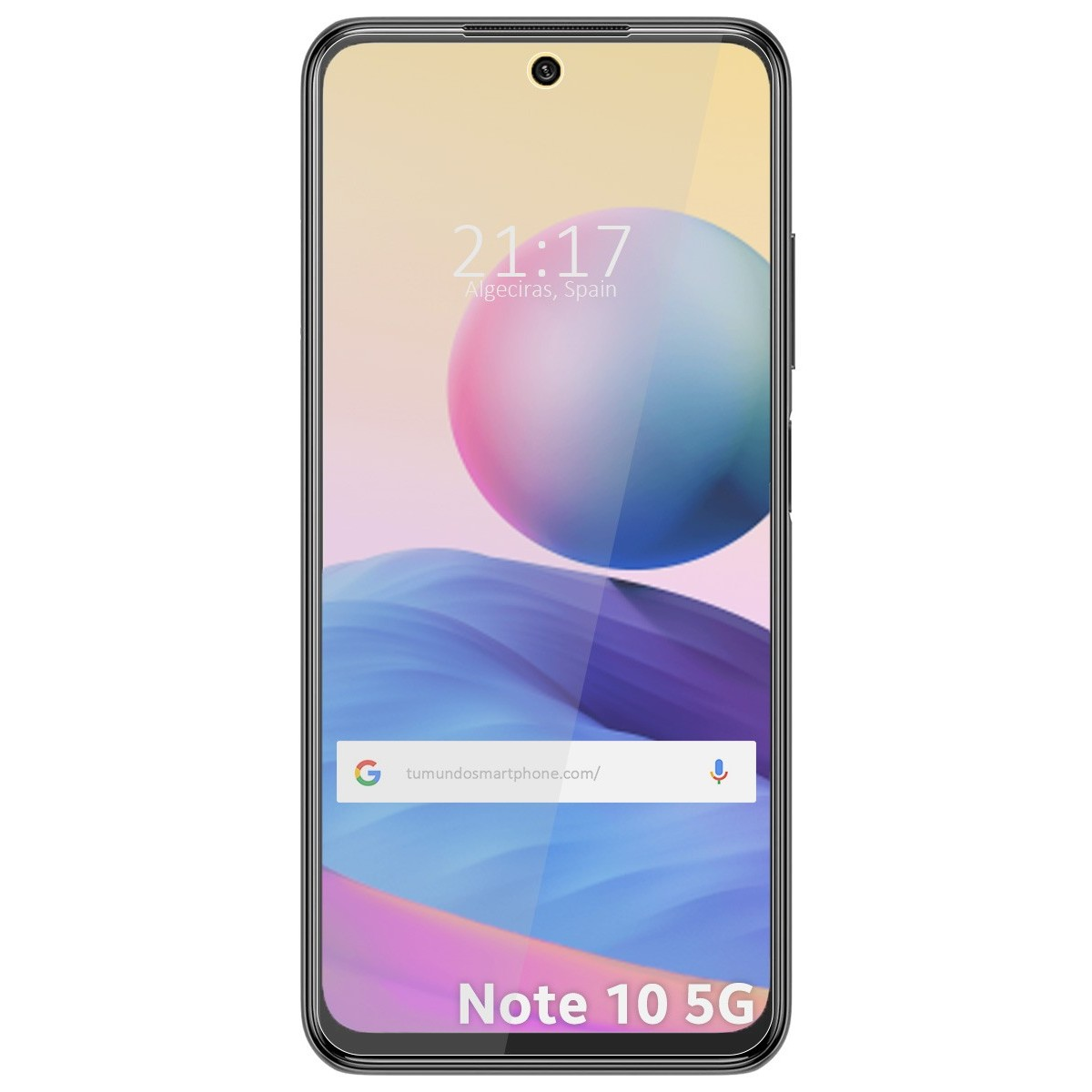 Smartphone nero con ora e sfondo astratto colorato.