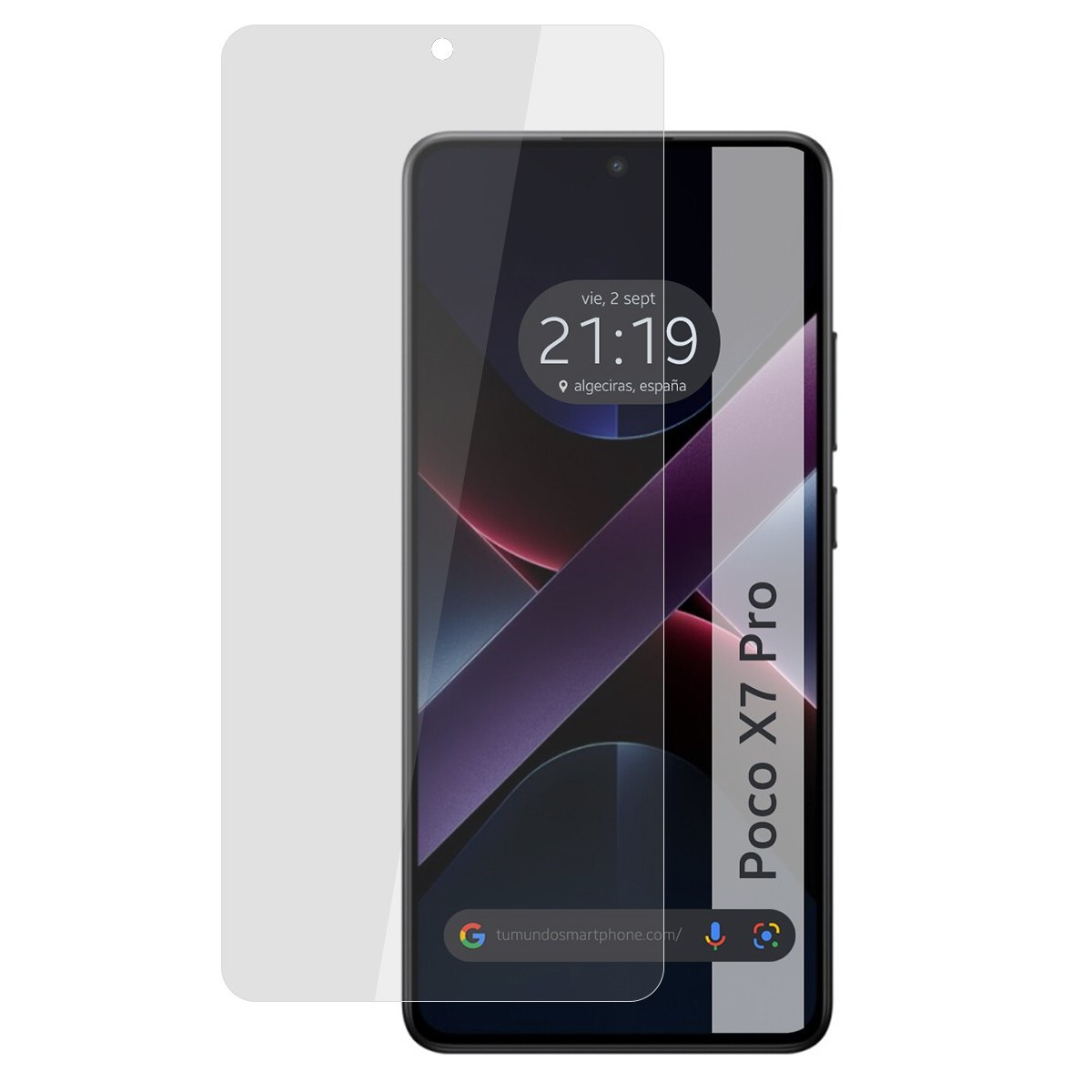 Teléfono con protector de pantalla. Muestra hora, ubicación y las palabras "Poco X7 Pro".