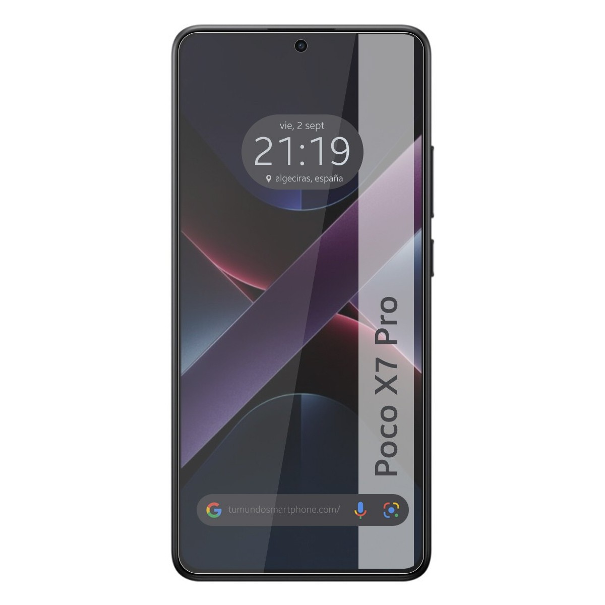 Smartphone con pantalla mostrando hora y aplicaciones. Franja blanca y texto lateral.