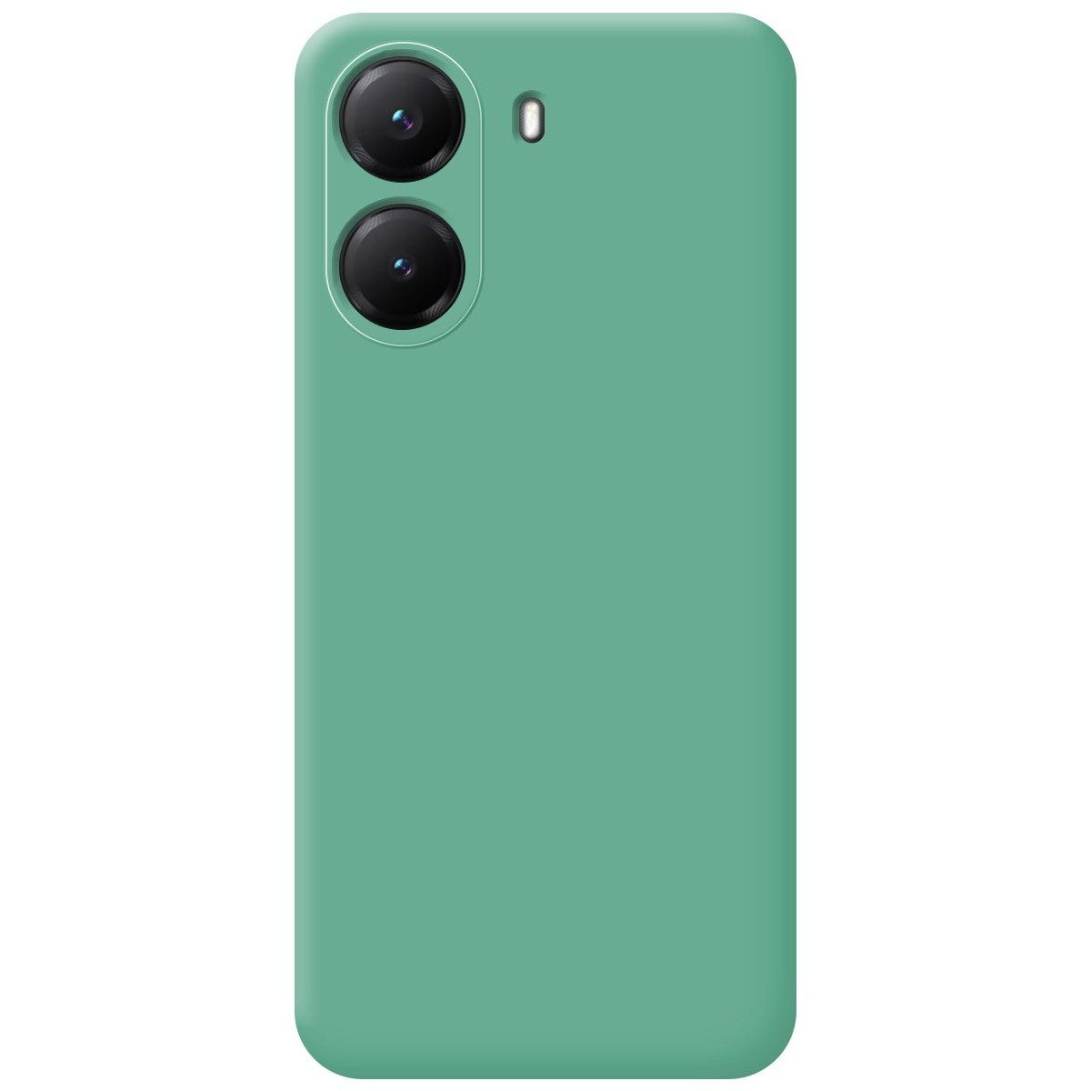 Una custodia per telefono verde acqua con configurazione a doppia fotocamera nell'angolo in alto a sinistra.