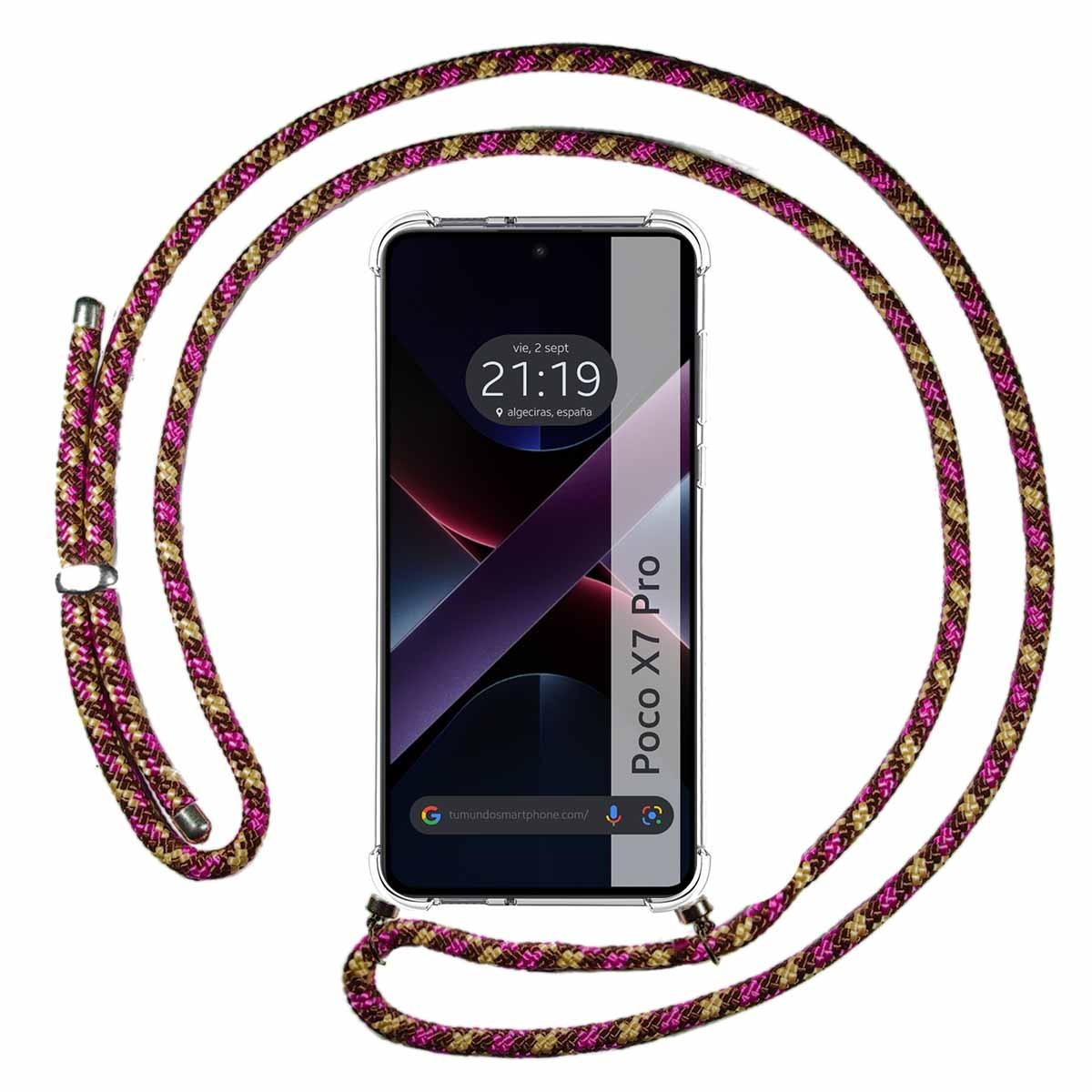 Smartphone in una custodia trasparente con un cordino fantasia.