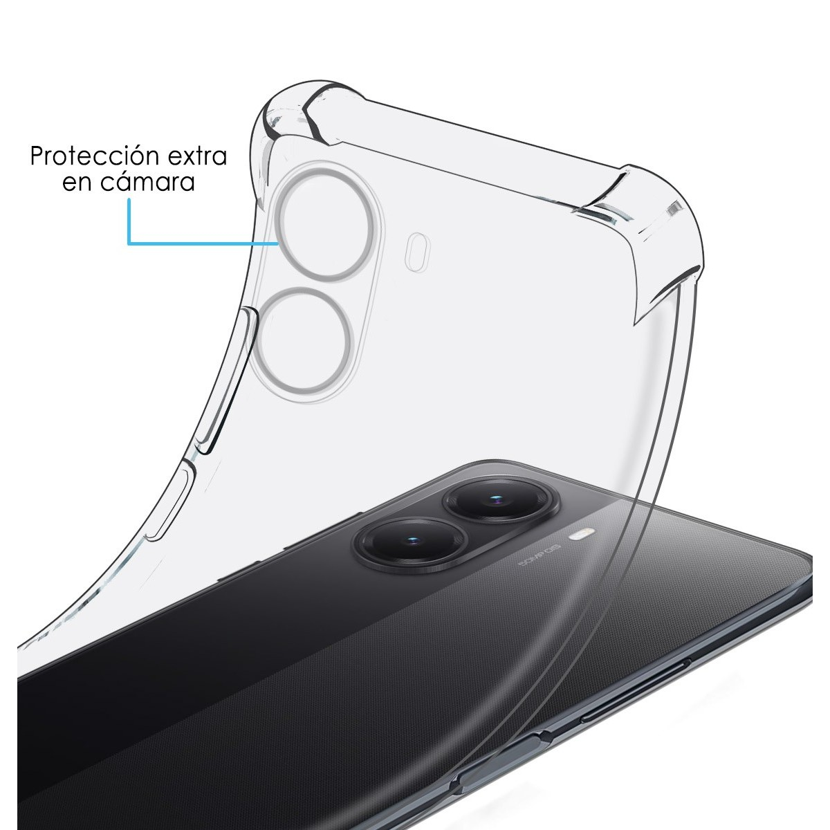 Custodia trasparente su telefono nero con fotocamera. Testo: Protección extra en cámara.