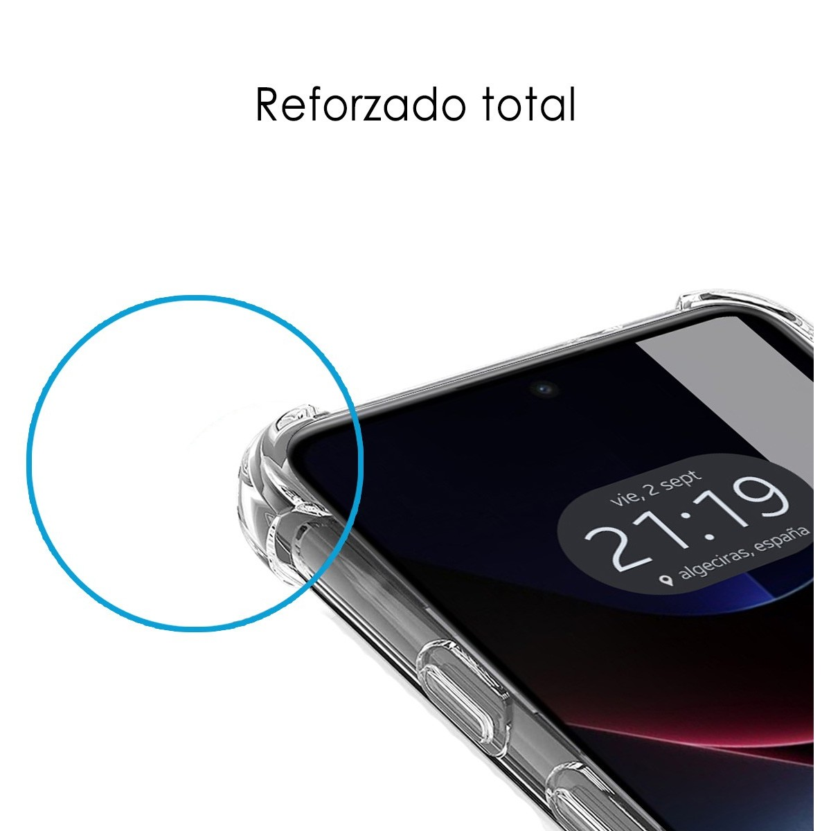 Custodia trasparente per telefono su un telefono. Testo "Reforzado total" sopra. Contorno cerchio blu a sinistra.