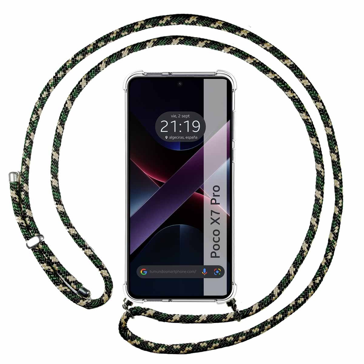 Laccetto mimetico per telefono attorno a un telefono, custodia trasparente e schermo Poco X7 Pro, sfondo bianco.
