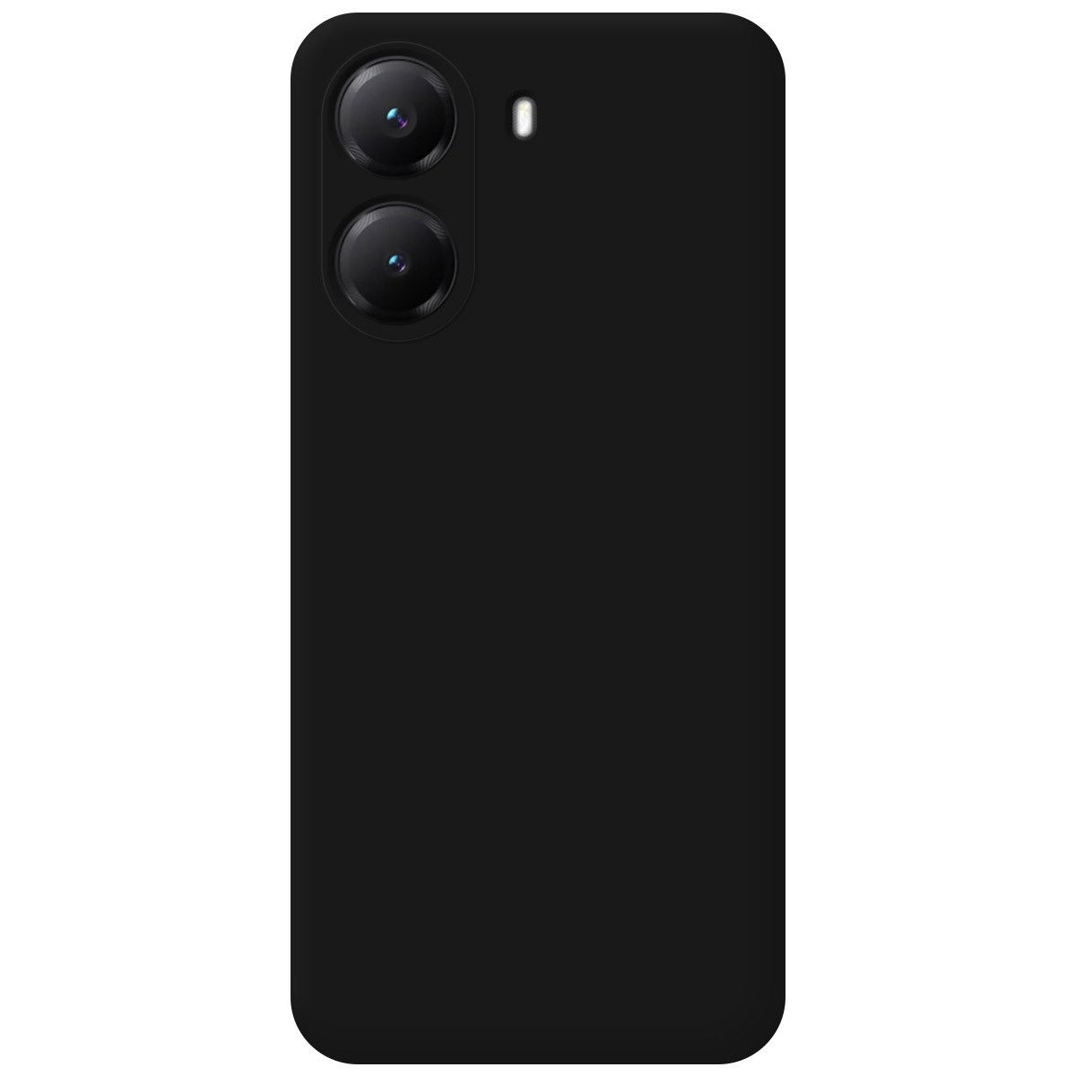 Telefono nero con doppia fotocamera. Le fotocamere hanno dettagli rossi. Il telefono è su sfondo bianco.