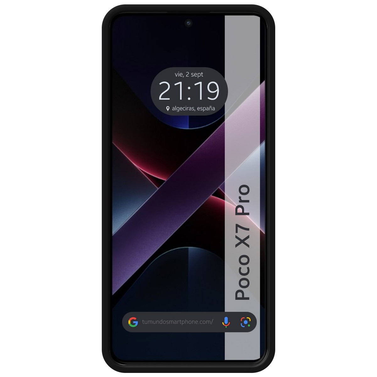 Smartphone con custodia nera. Il display mostra ora e data. Testo: Poco X7 Pro.