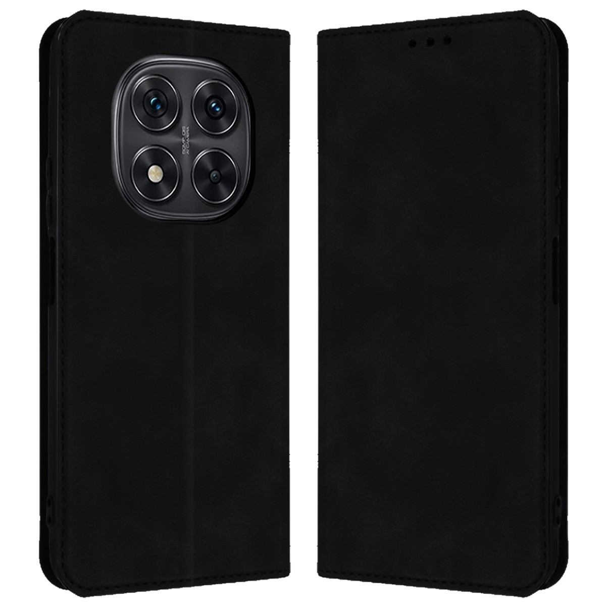 Custodia per telefono nera, chiusa a sinistra, aperta a destra. Modulo fotocamera visibile. Sfondo nero.