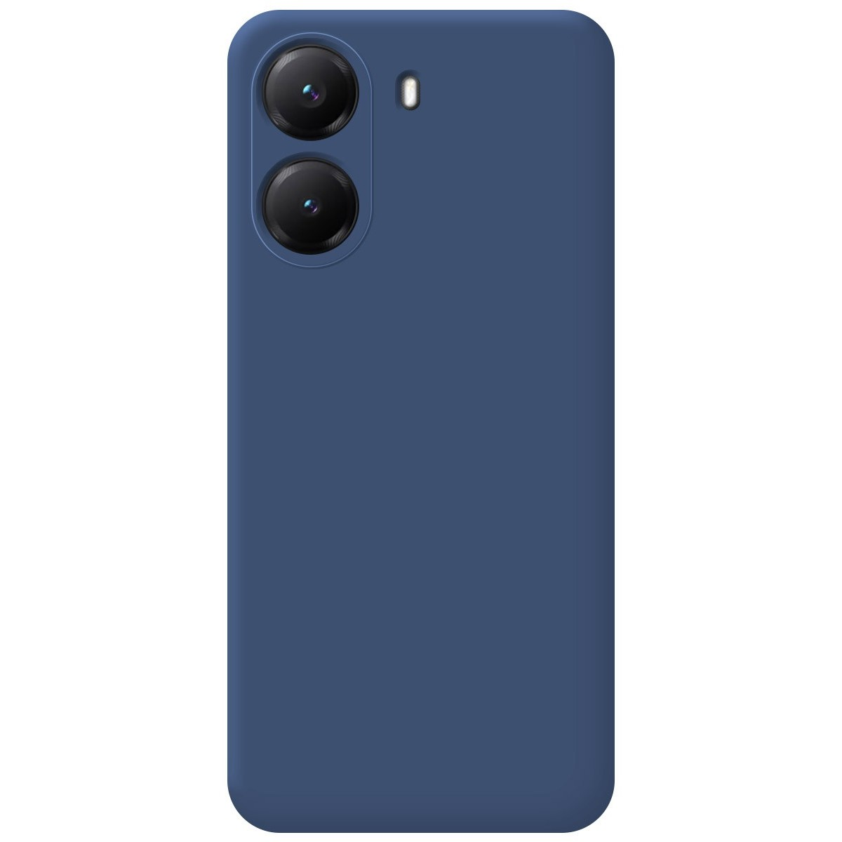 Una custodia blu per telefono con doppi obiettivi e un piccolo foro per il flash.