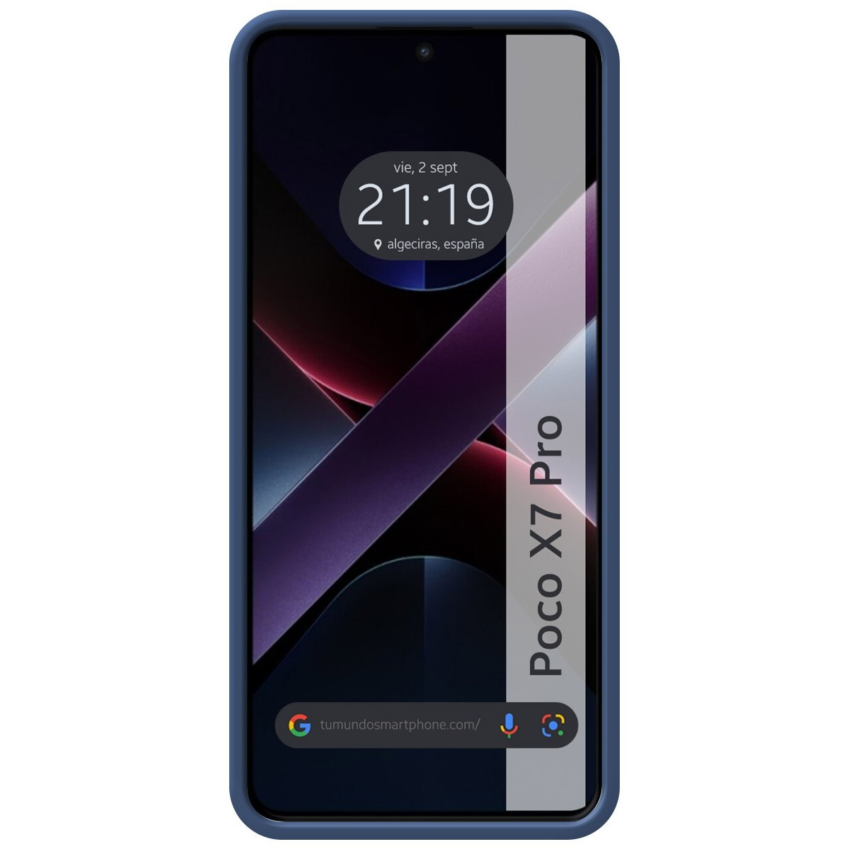 Telefono Poco X7 Pro in custodia blu, che mostra la data e l'ora sullo schermo.