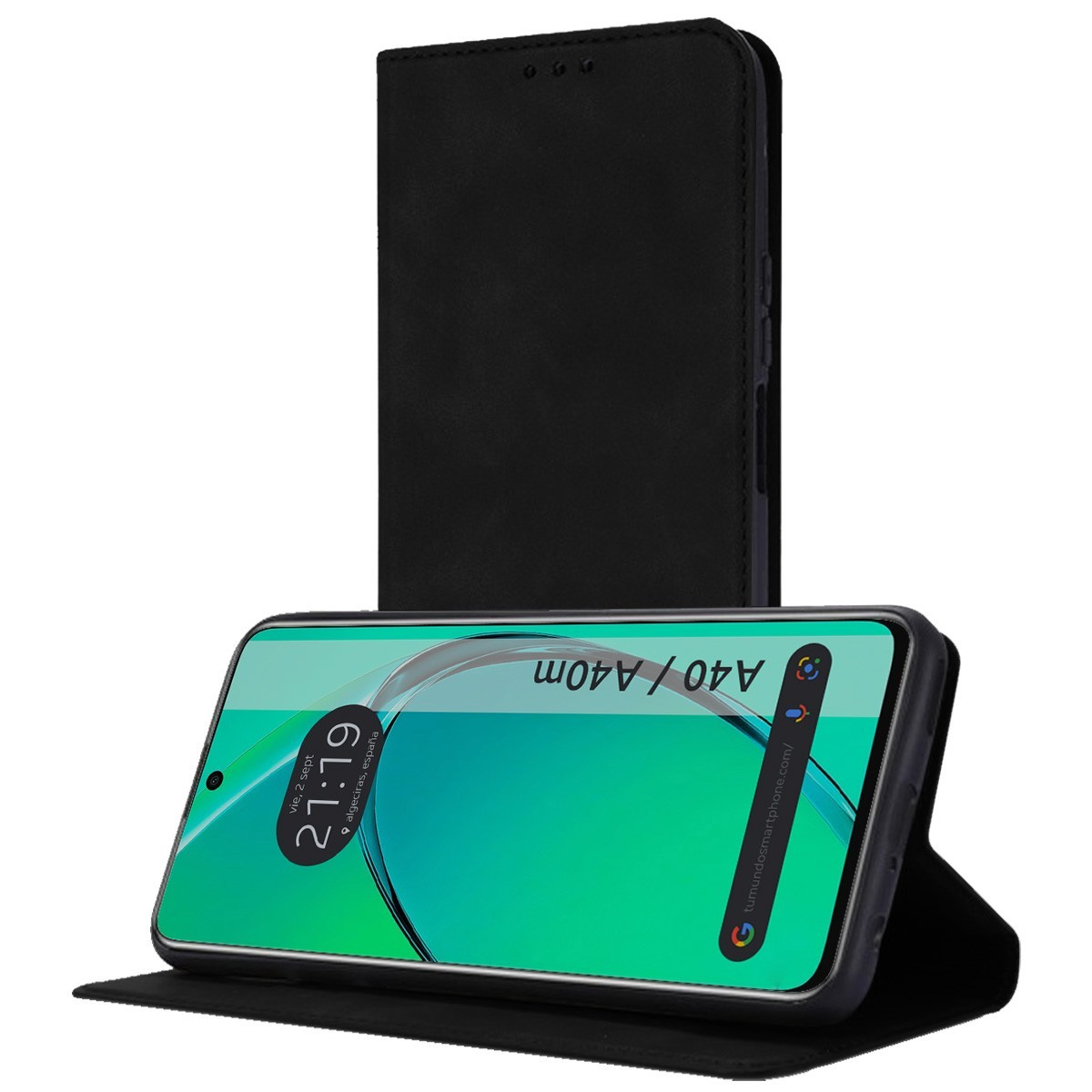 Custodia nera per telefono con un telefono all'interno. Il telefono ha uno schermo verde.