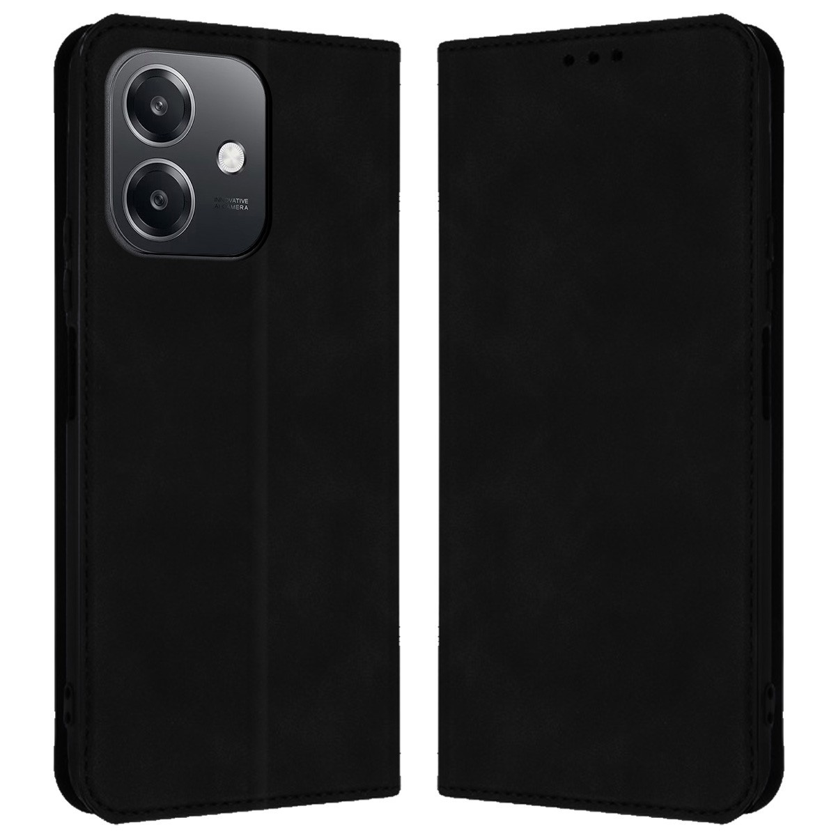Custodia nera per telefono, aperta a destra. La fotocamera del telefono è visibile a sinistra, la custodia è chiusa a destra.