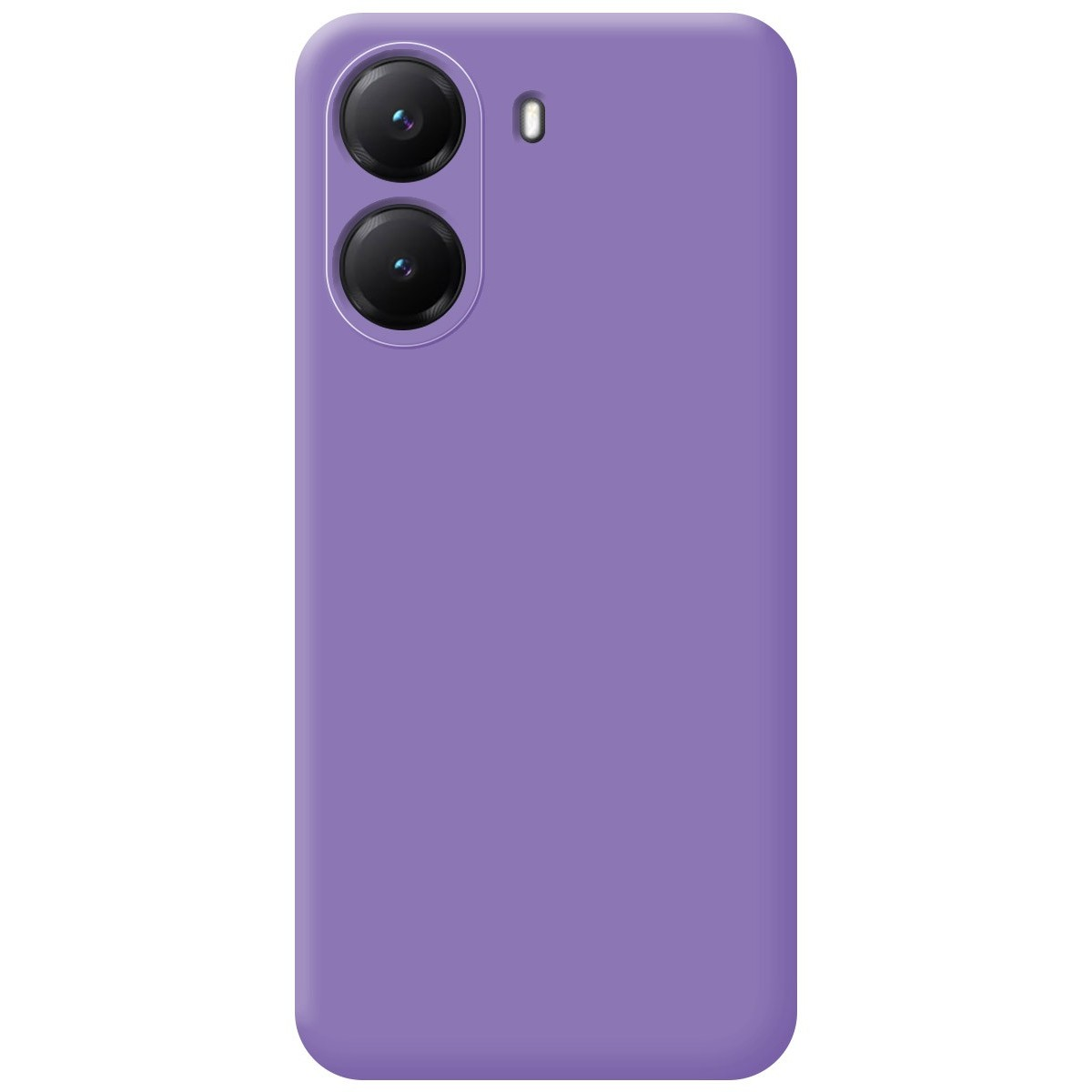 Custodia per telefono viola con due obiettivi per fotocamera e un flash. Sfondo bianco.