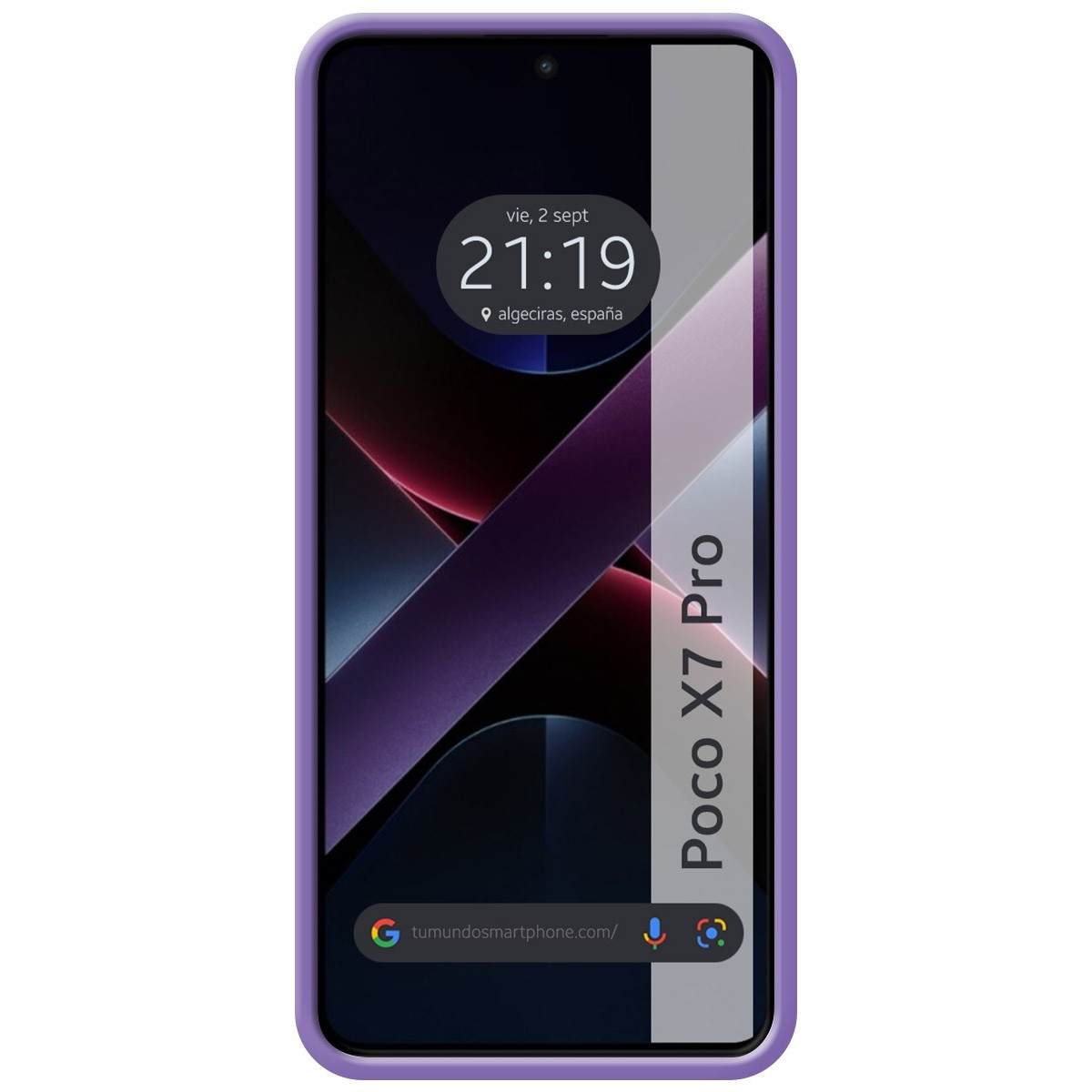 Un telefono con una custodia viola che mostra l'ora e il nome del modello del telefono.