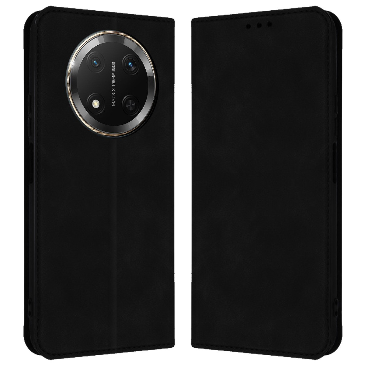 Una custodia per telefono nera, chiusa a destra e aperta a sinistra, con una grande fotocamera circolare.