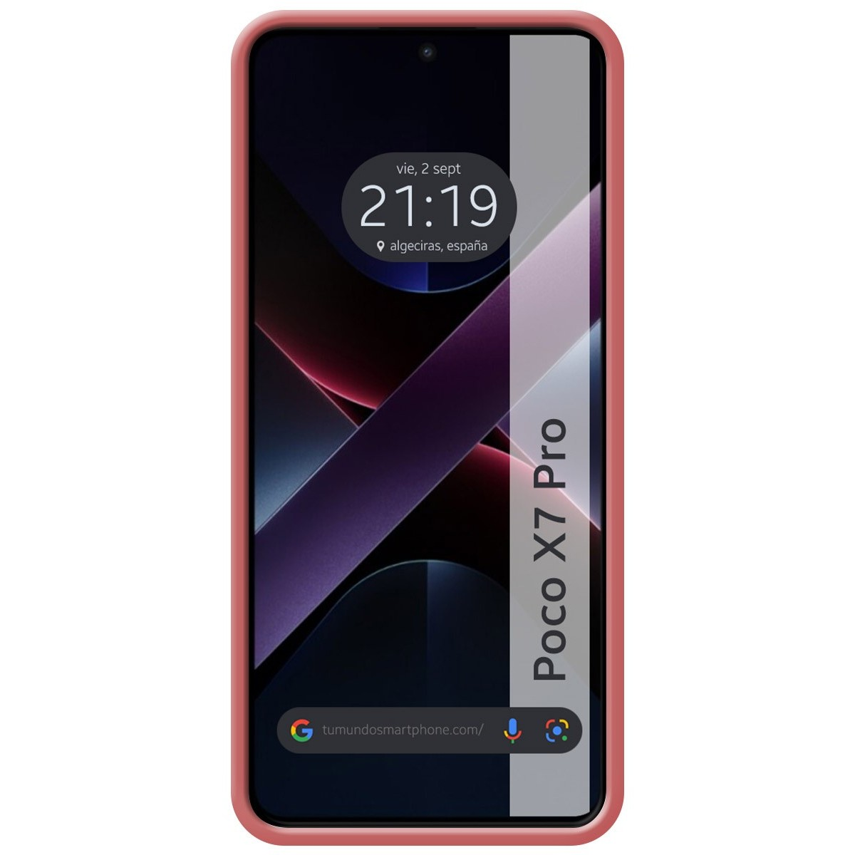 Telefono Poco X7 Pro. Il telefono è in una custodia rosa. Lo schermo mostra l'ora e un indirizzo web.