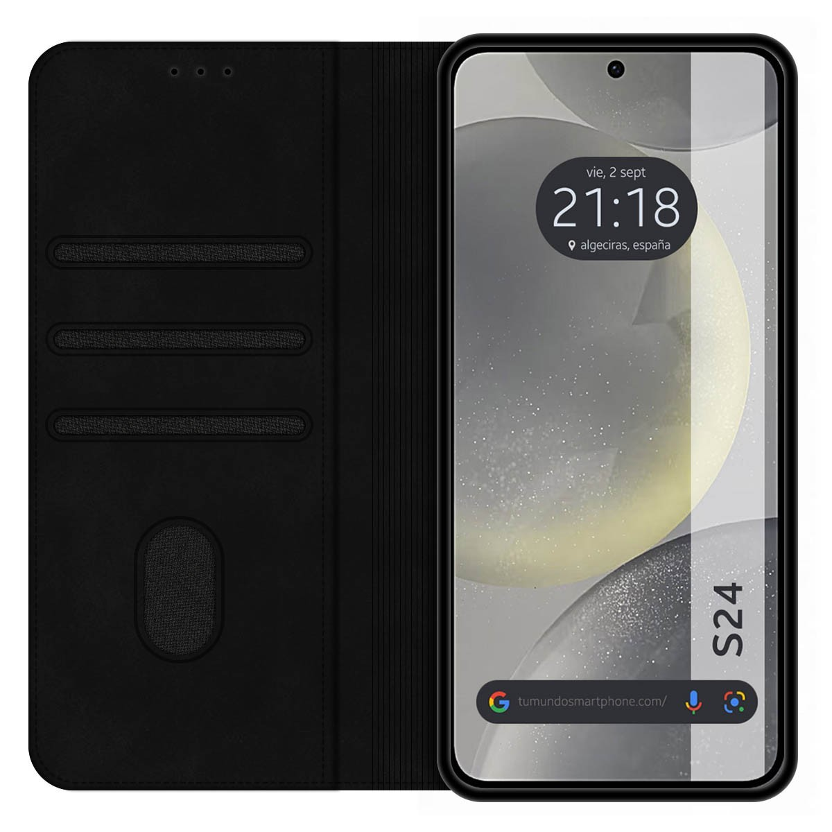 Custodia nera aperta, mostra telefono con data/ora e testo 'S24'.