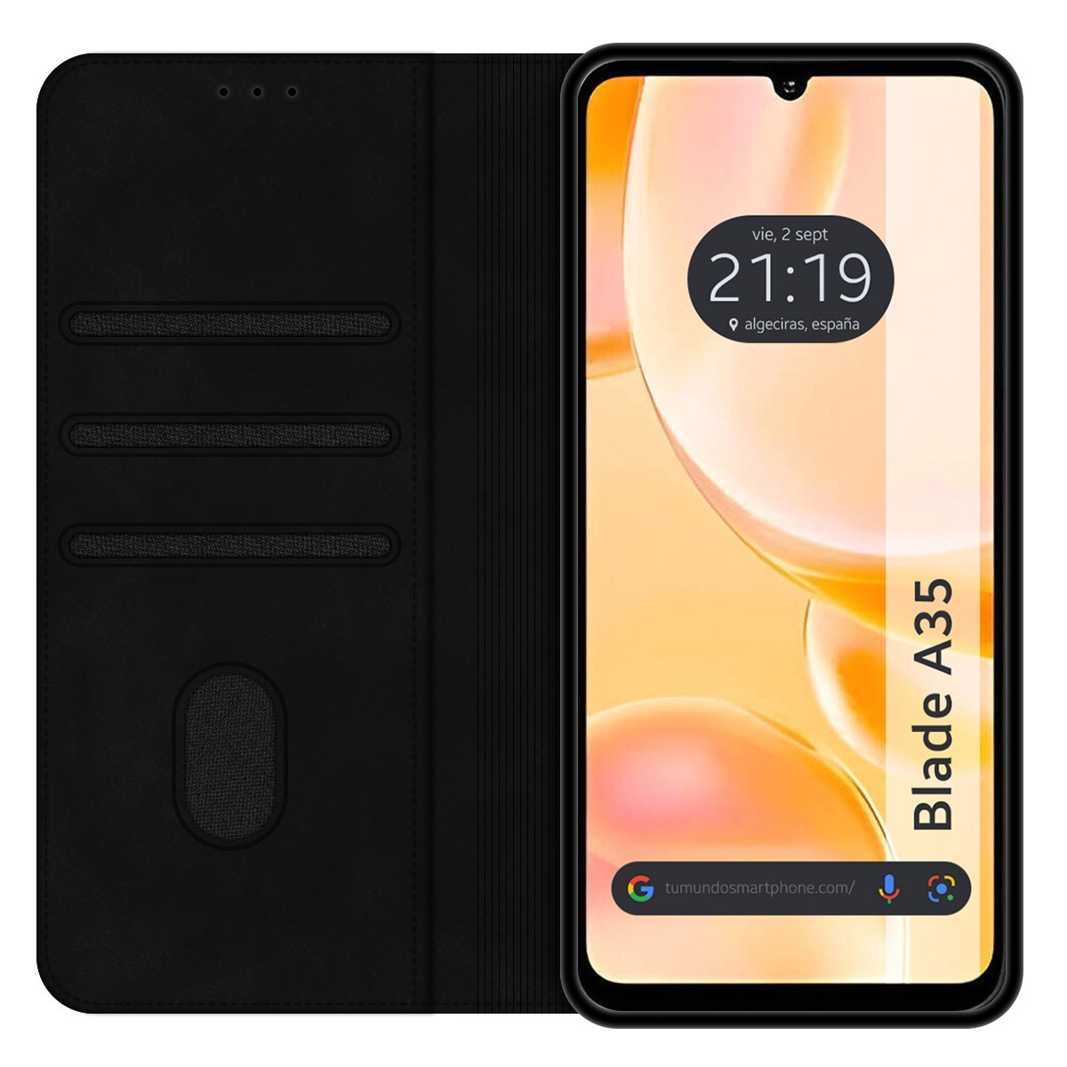 Telefono nero in una custodia a libro nera, aperto per mostrare lo schermo. Mostra l'ora e una notifica.