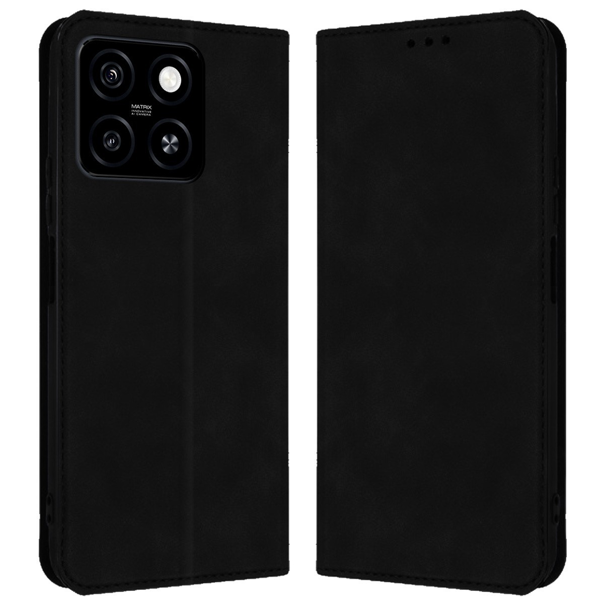 Custodia per telefono nera, vista anteriore e posteriore, con ritagli per fotocamera, isolata.