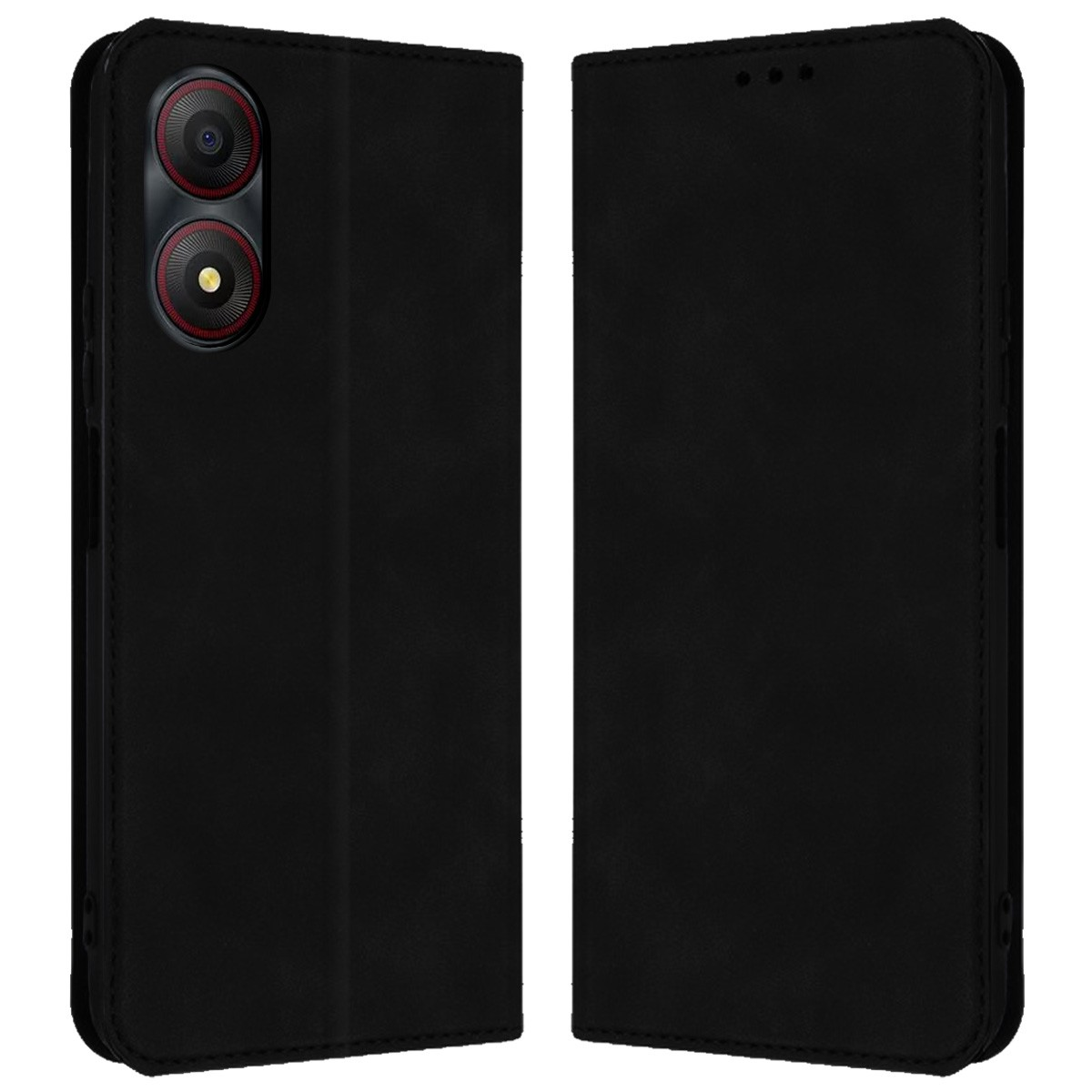 Custodia per telefono nera, aperta e chiusa. La custodia aperta mostra un telefono con doppia fotocamera.