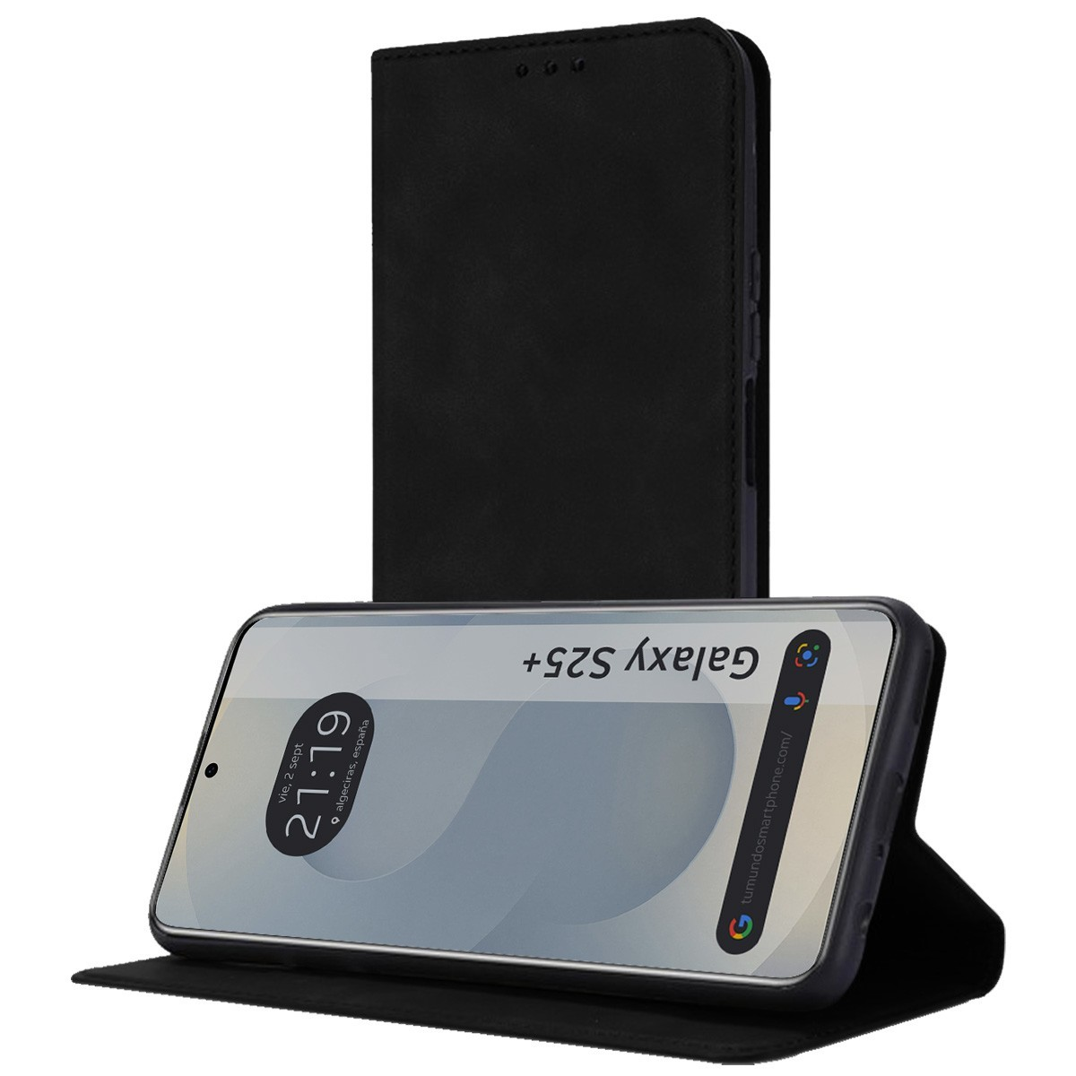 Un telefono nero in una custodia nera, aperto e verticale, con uno schermo.