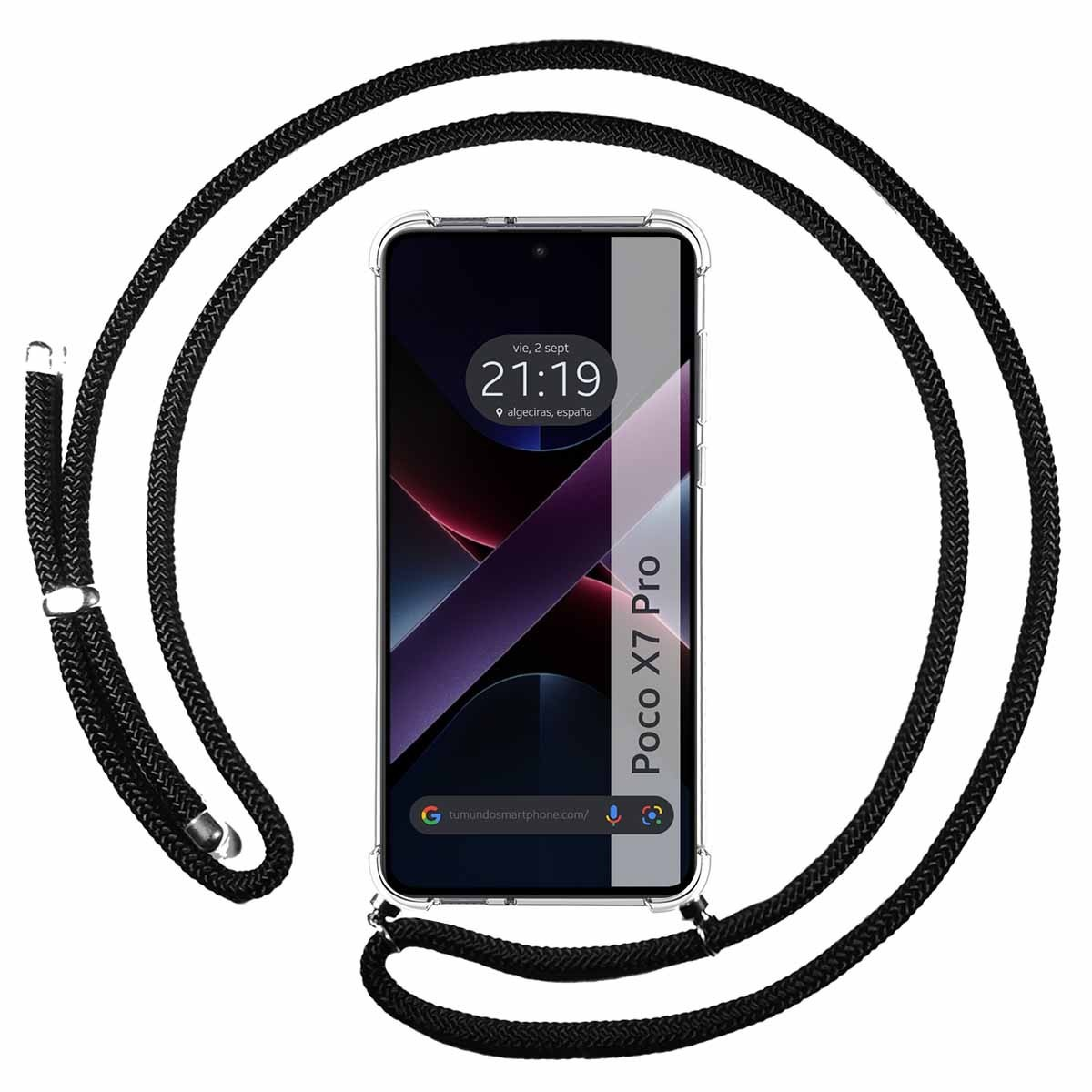 Smartphone con cordino nero, custodia trasparente, che mostra un display con l'ora.