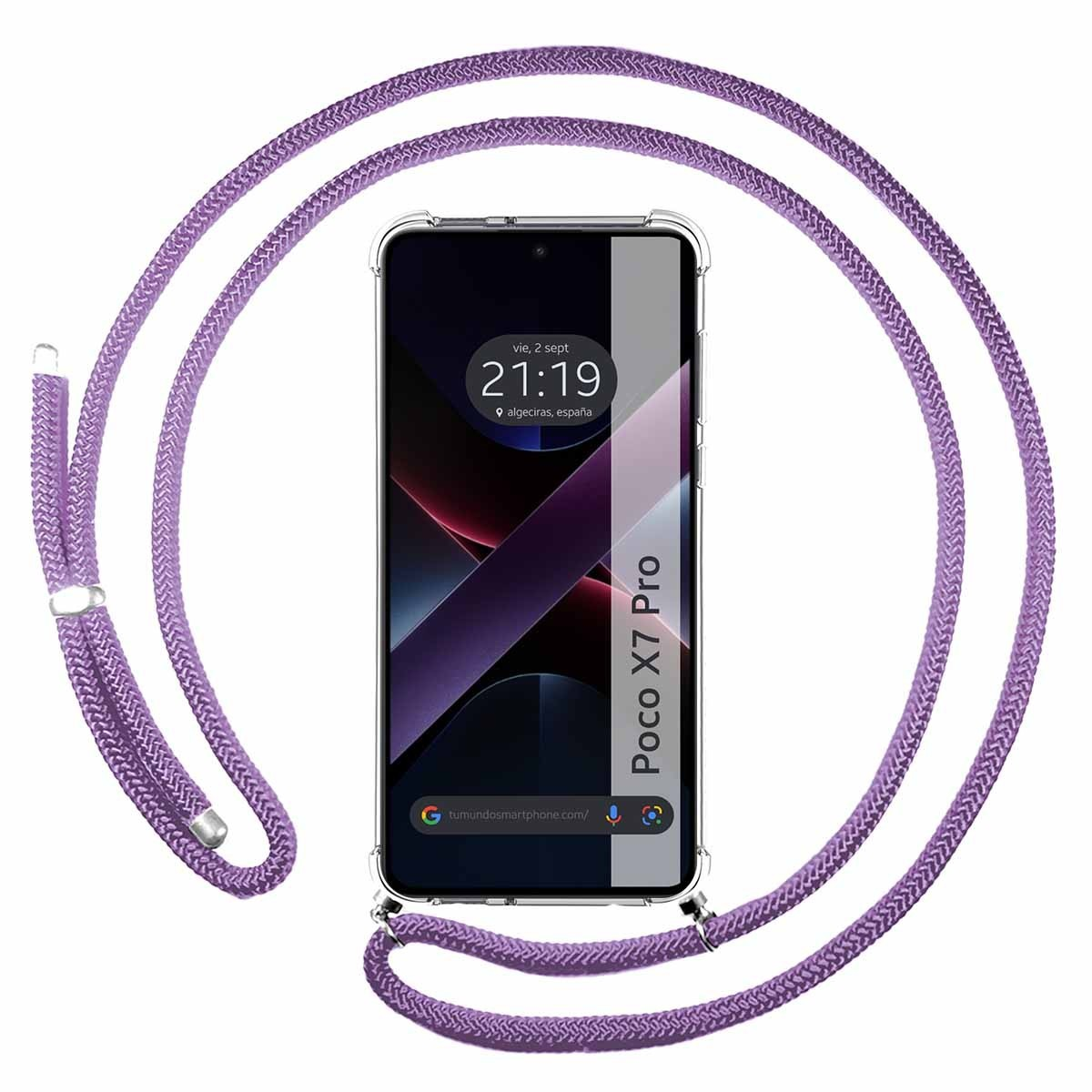 Telefono con cordino. Mostra ora, luogo ed è etichettato come Poco X7 Pro.
