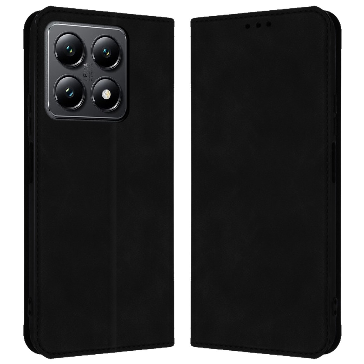 Custodia per telefono nera, chiusa e aperta, che mostra la fotocamera del telefono. La custodia è in stile portafoglio.