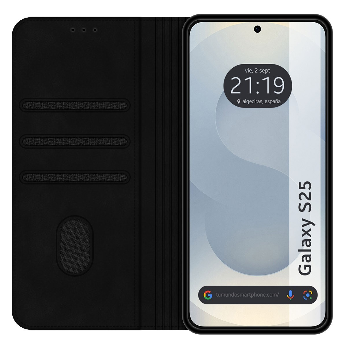 Custodia nera aperta. Telefono all'interno che mostra ora, data. Testo "Galaxy S25" a destra.