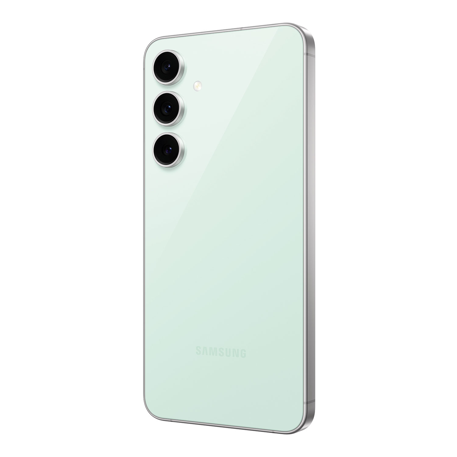 Miętowo-zielony smartfon. Trzy tylne aparaty. Logo Samsung z tyłu.