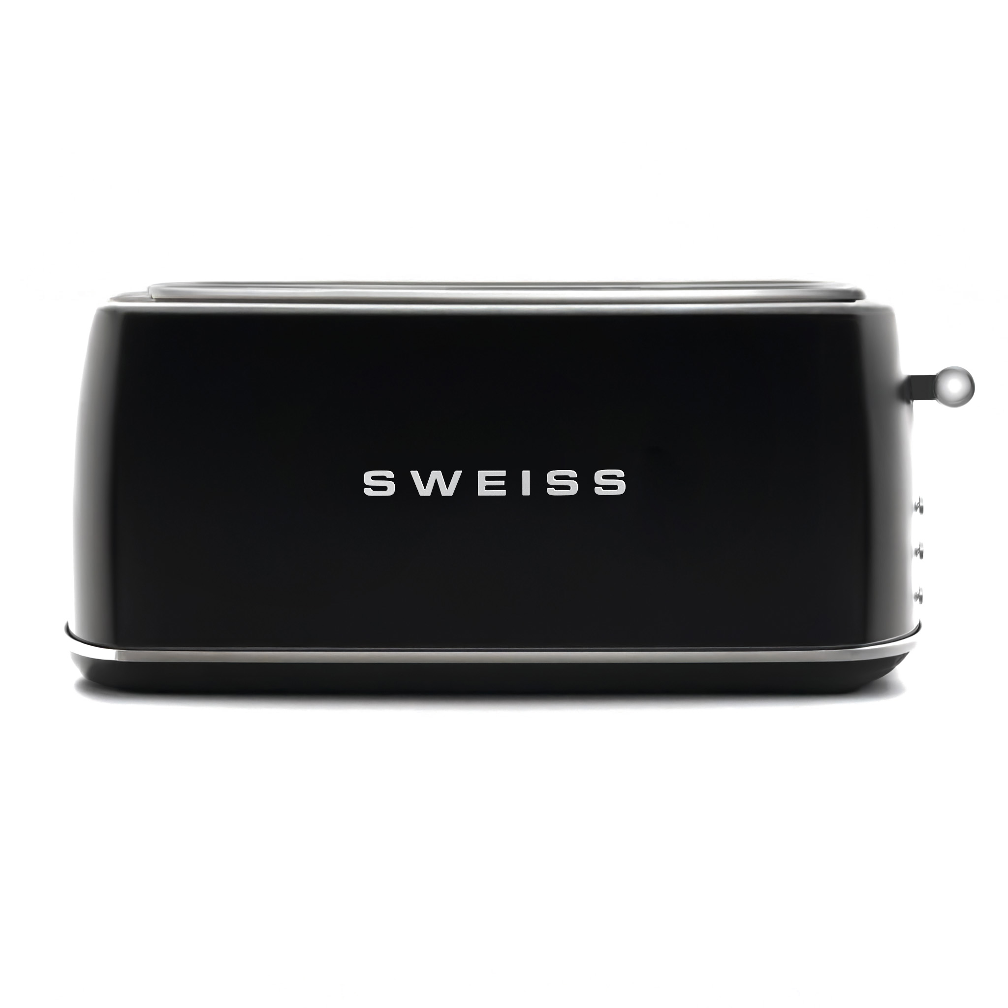 Schwarz-silberner Toaster mit 'SWEISS'-Branding auf weißer Oberfläche.