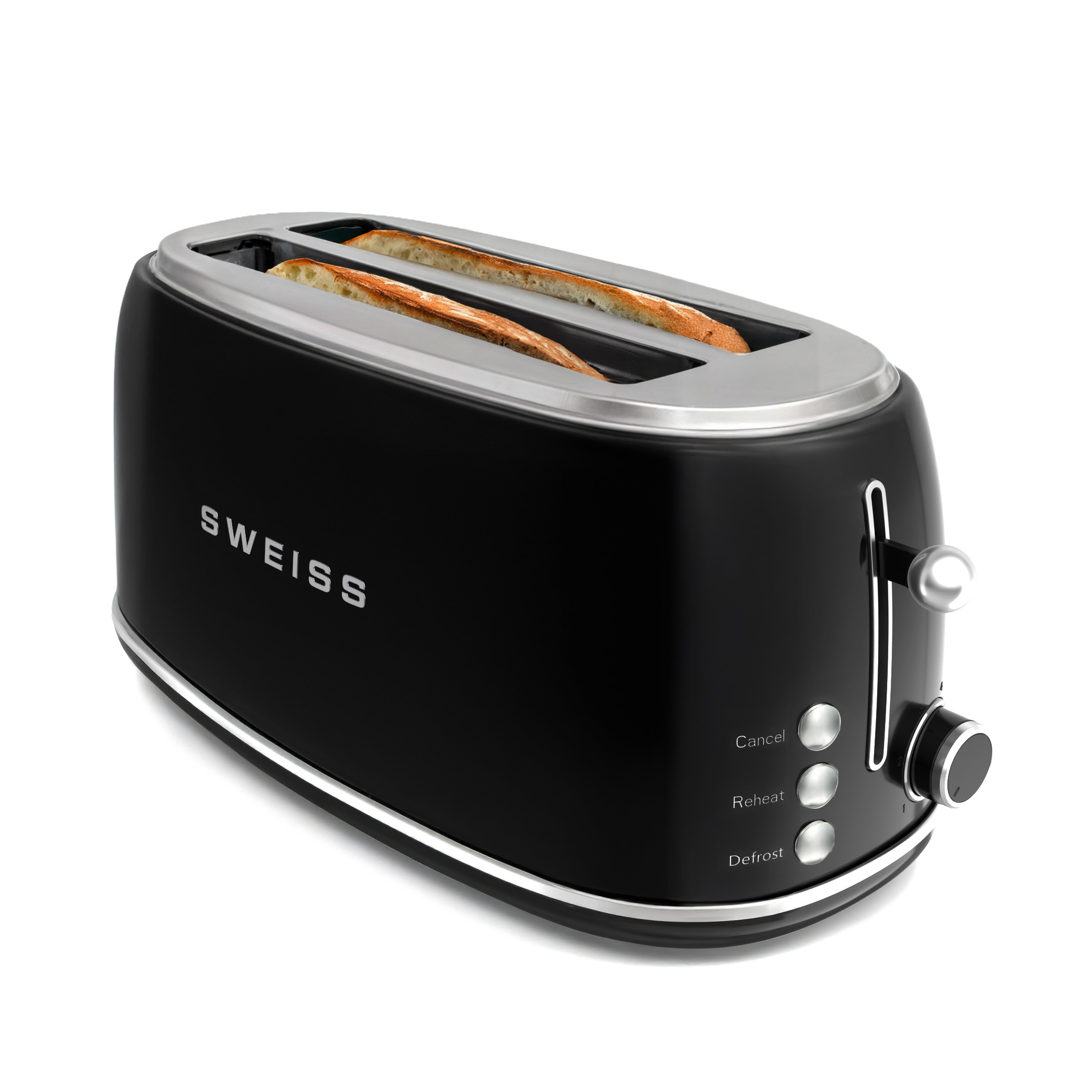 Schwarzer Toaster mit zwei Toastscheiben in den Schlitzen. Er hat Tasten für Abbrechen, Aufwärmen und Auftauen.