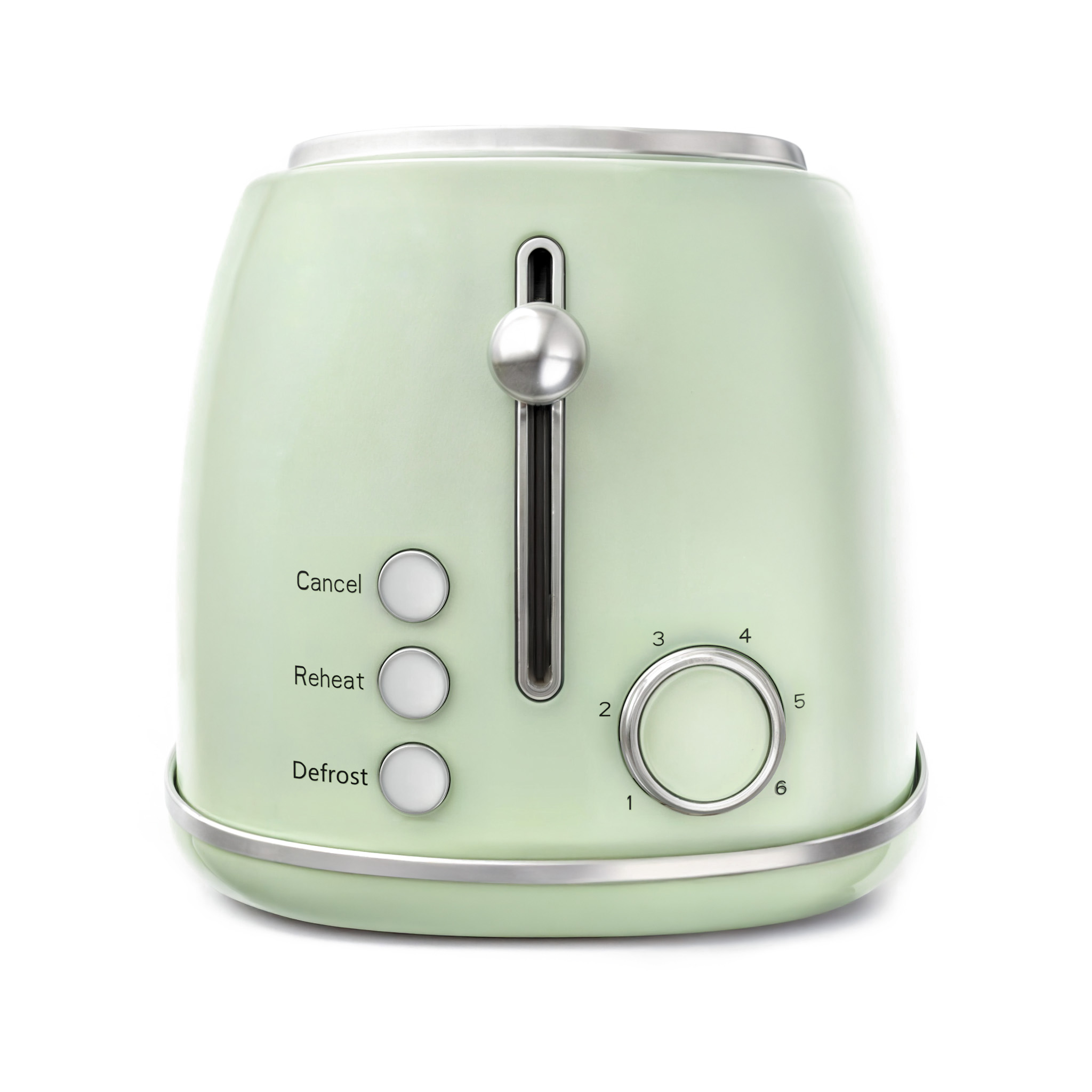 Ein grüner Toaster mit silbernem Hebel und Knöpfen. Die Knöpfe sind mit 'Cancel', 'Reheat', 'Defrost' beschriftet.