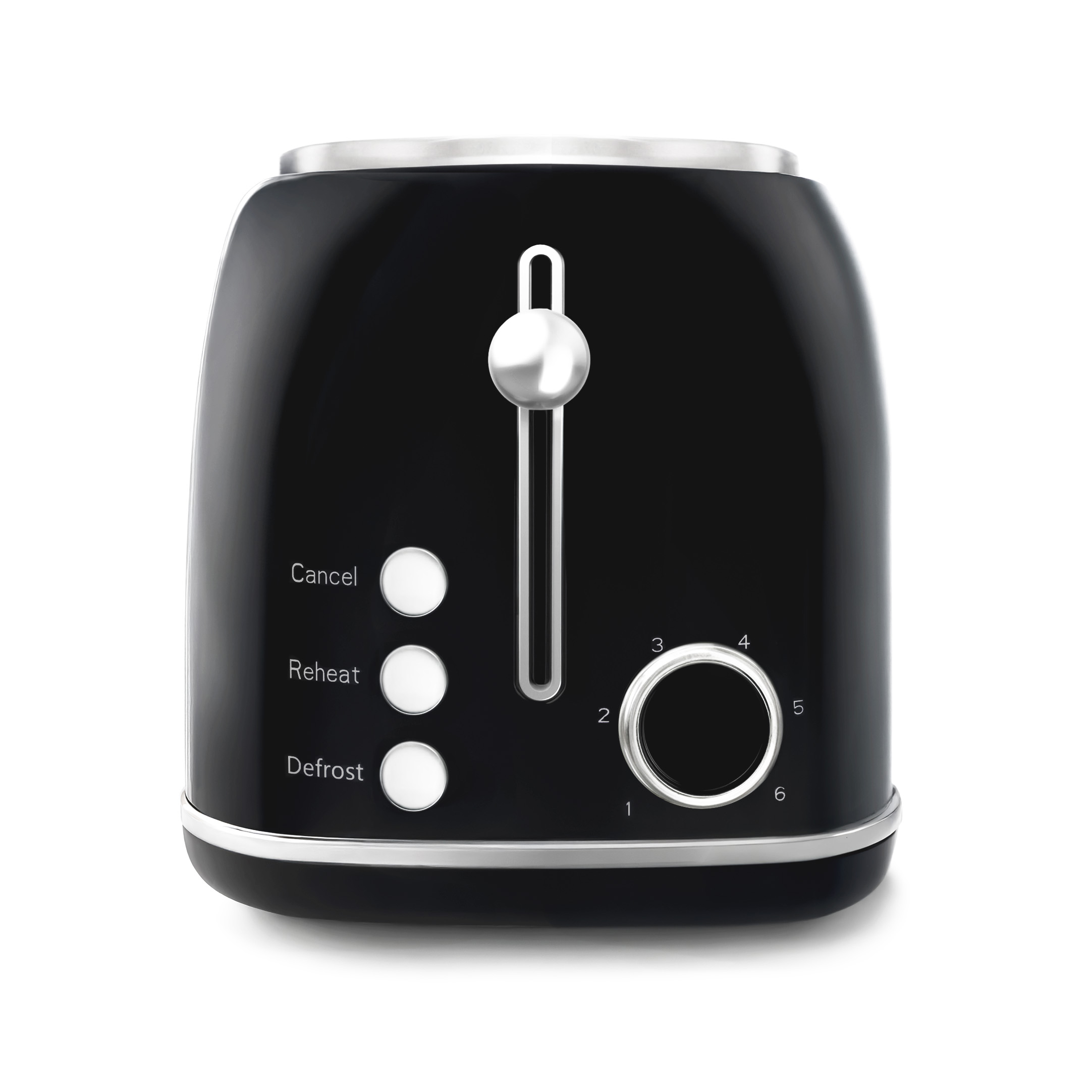 Schwarzer Toaster mit silberfarbenen Akzenten. Mit Abbrechen, Aufwärmen und Auftauen, und Drehknopf.