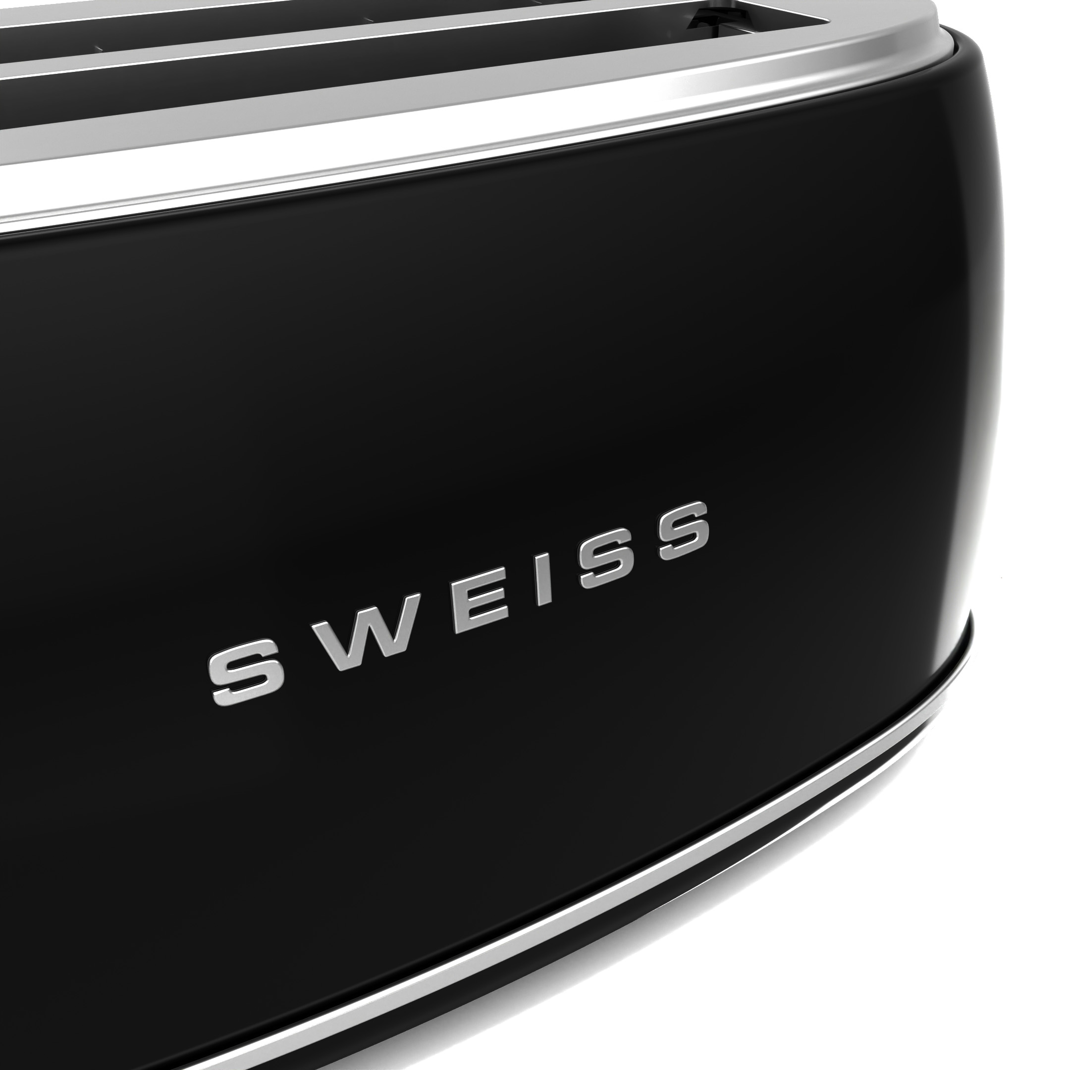 Ein schwarzer Toaster mit dem Wort „SWeiss“ auf der Vorderseite.