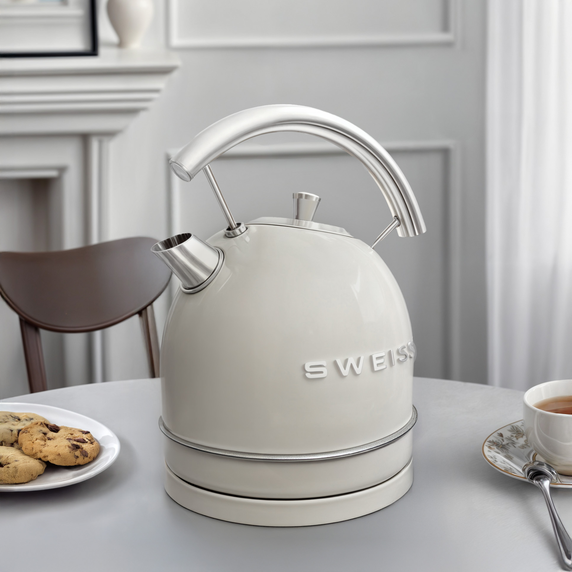 Cremefarbener elektrischer Wasserkocher auf einem Ständer. Teller mit Keksen und Tasse Tee auf dem Tisch.