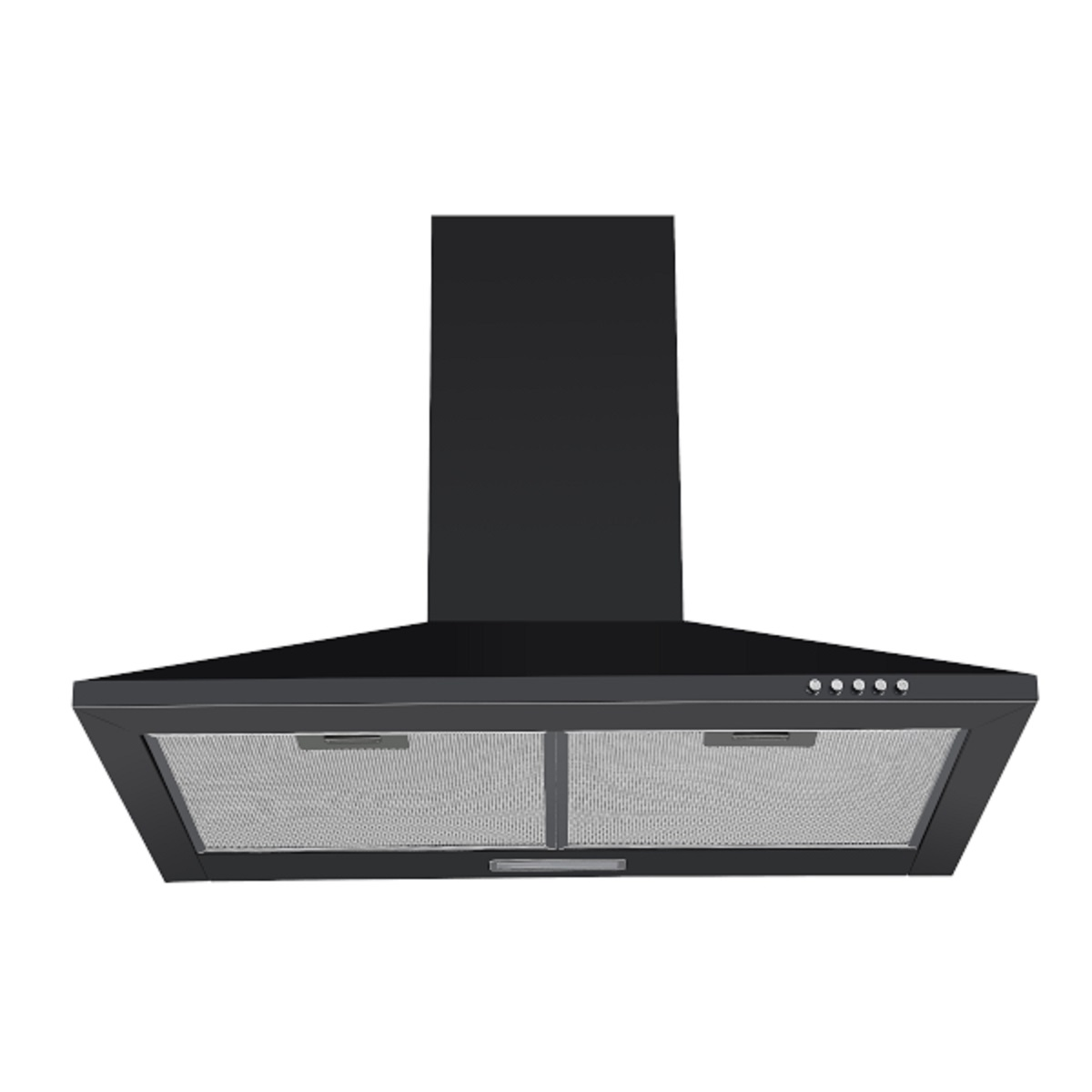 Schwarze Dunstabzugshaube mit rechteckigem Design, auf weißem Hintergrund.