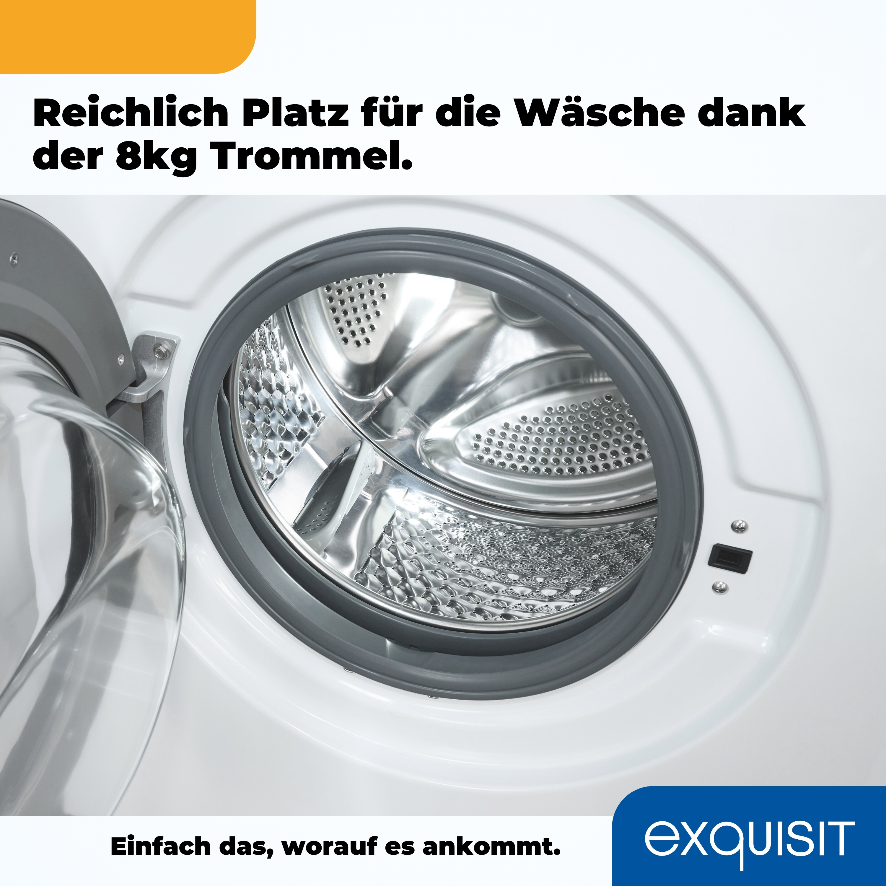 Waschmaschinentür offen, Trommel sichtbar. Weißes Äußeres mit Text: 