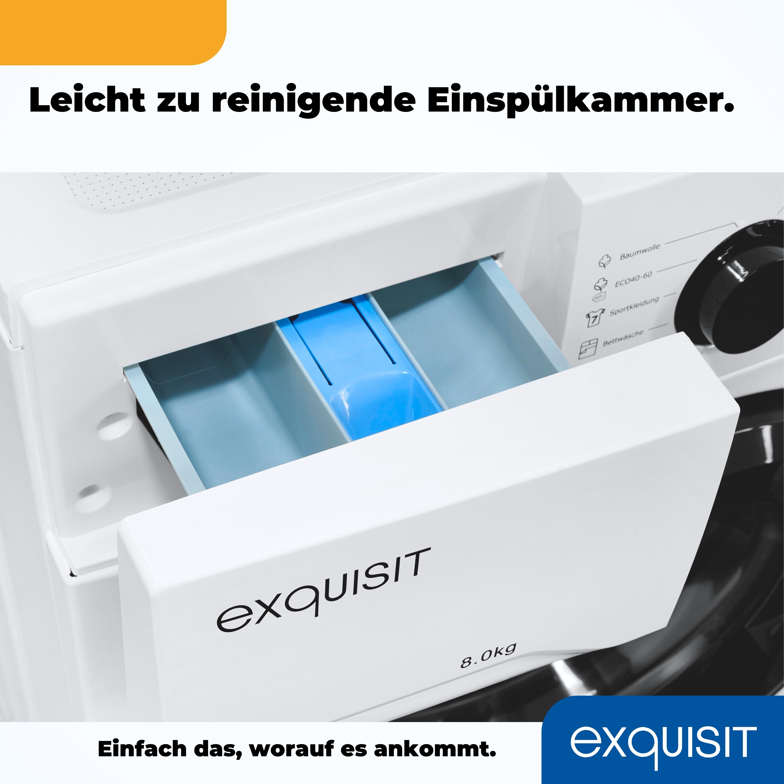 Die Waschmittelkammer einer Waschmaschine ist geöffnet und zeigt drei Fächer und Details des Bedienfelds.